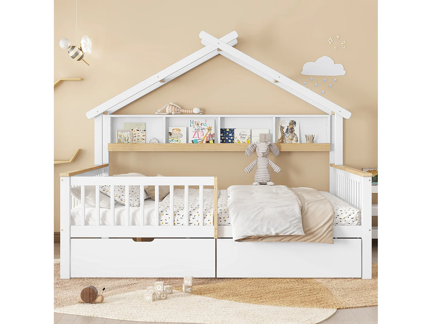 Children's bed 140 x 200 cm with 2 drawers and storage shelf - Pine + MDF - White + natural