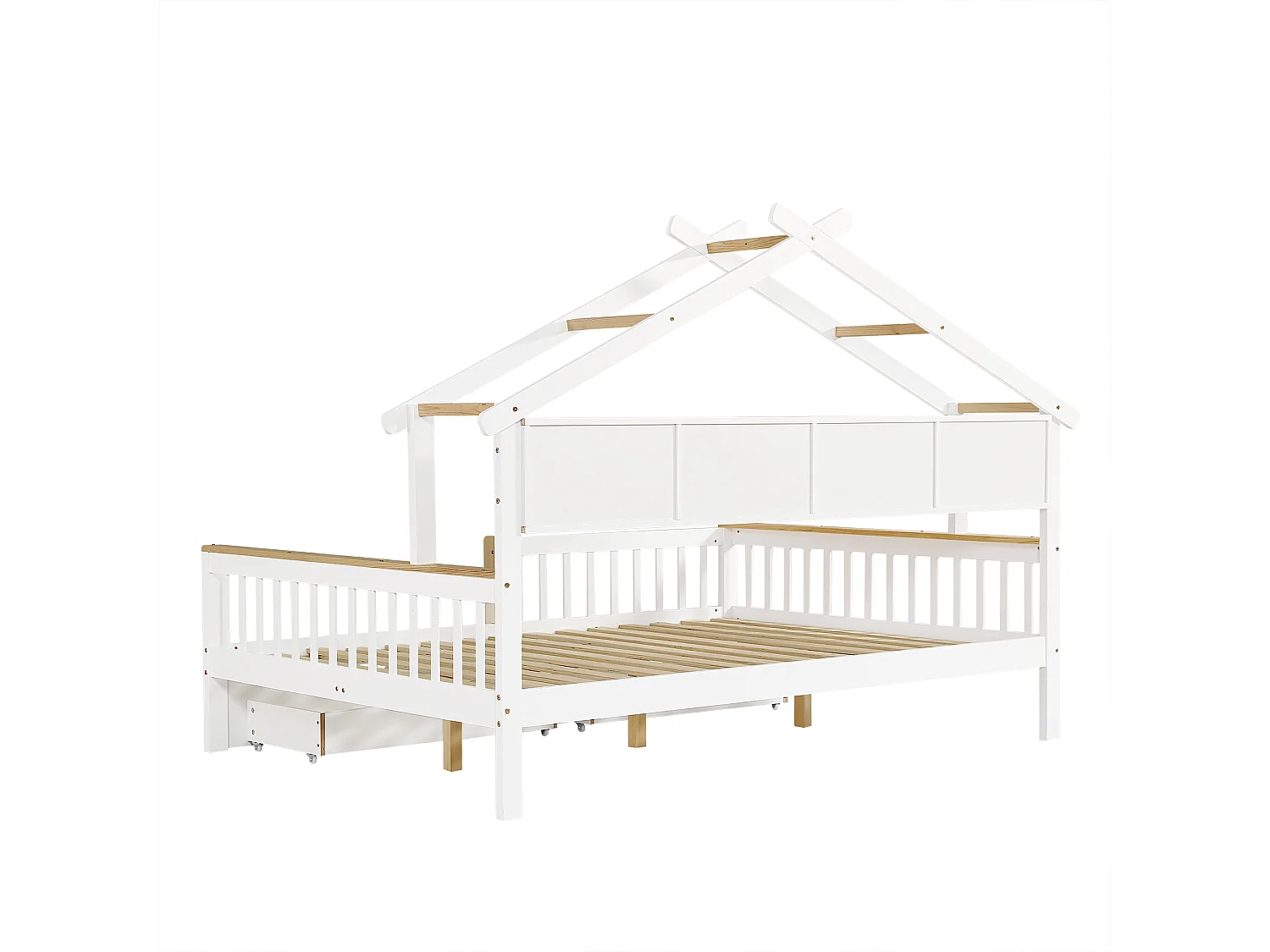 Children's bed 140 x 200 cm with 2 drawers and storage shelf - Pine + MDF - White + natural