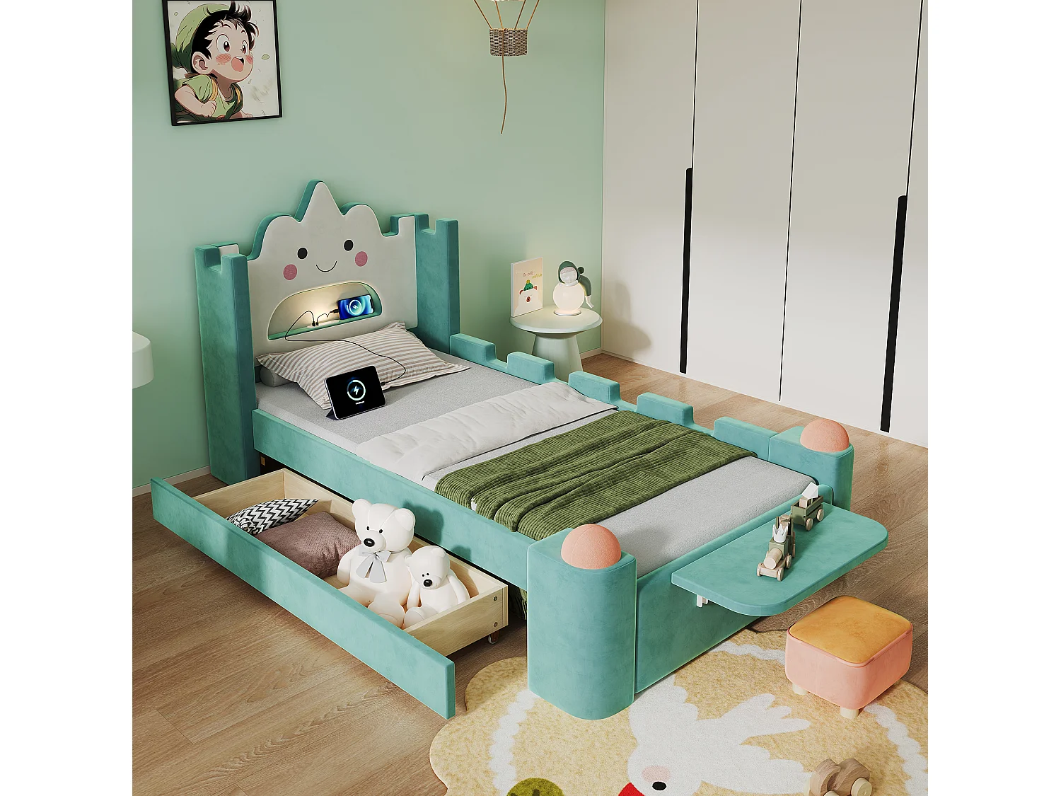 Gepolstertes Bett 90 x 200 cm mit 1 wendbarer Schublade, Leselampe, USB-Anschluss, Klappregal - Samt - Entenblau (Matratze nicht im Lieferumfang enthalten)