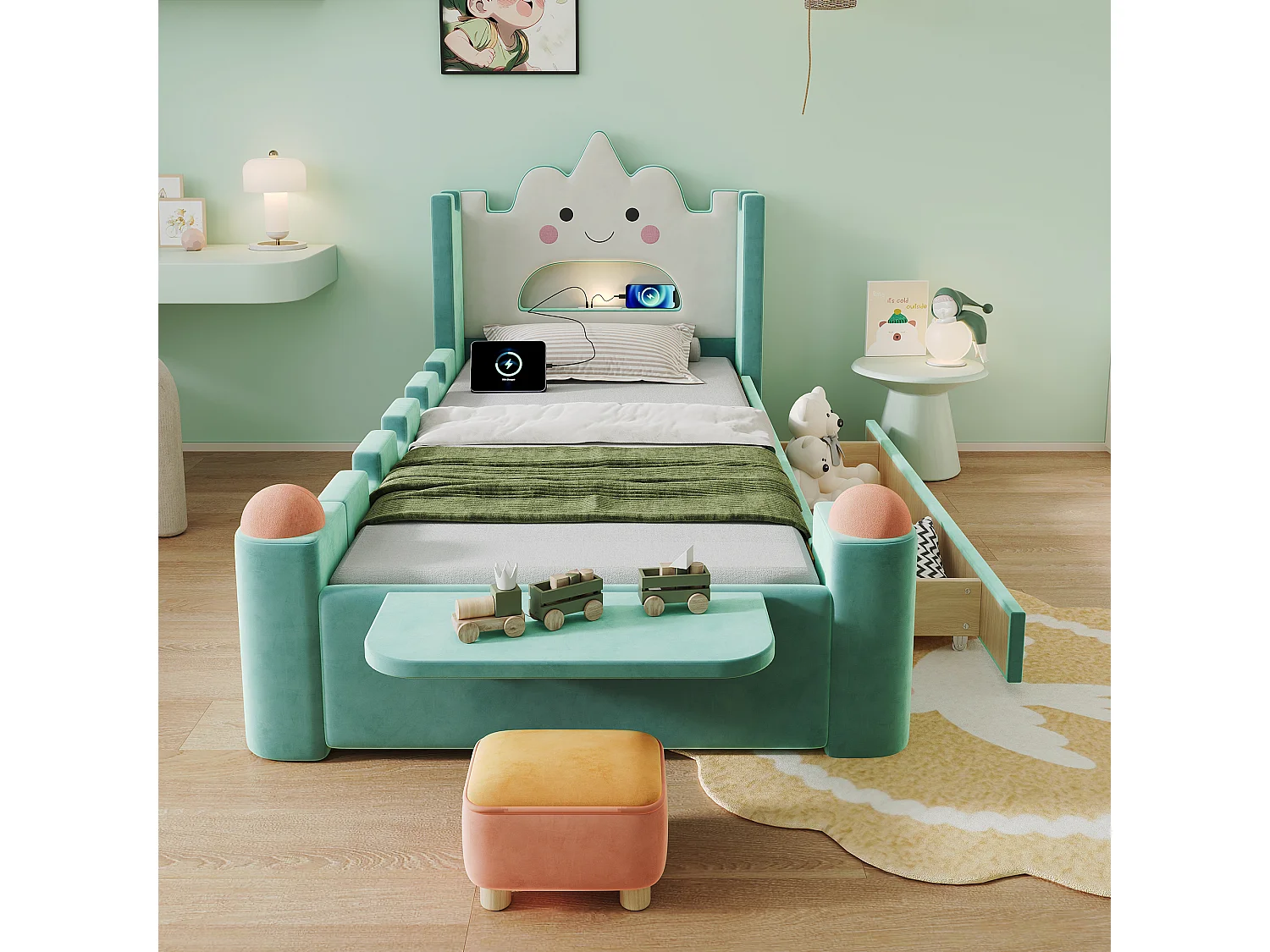 Gepolstertes Bett 90 x 200 cm mit 1 wendbarer Schublade, Leselampe, USB-Anschluss, Klappregal - Samt - Entenblau (Matratze nicht im Lieferumfang enthalten)