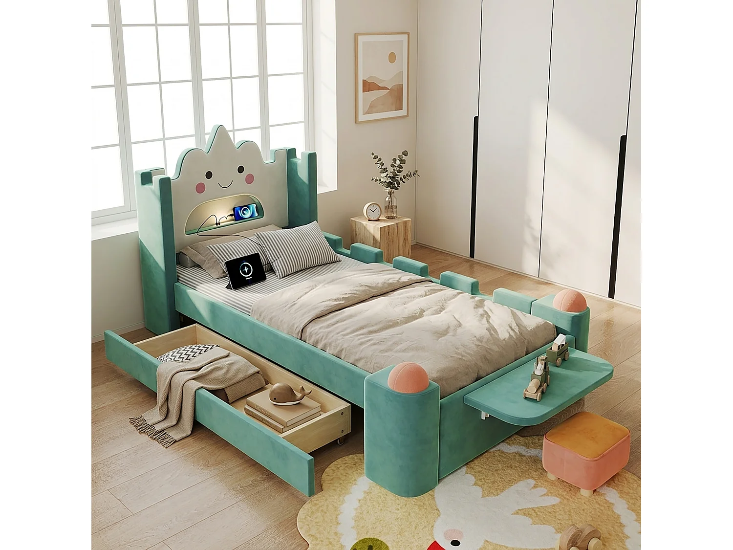 Gepolstertes Bett 90 x 200 cm mit 1 wendbarer Schublade, Leselampe, USB-Anschluss, Klappregal - Samt - Entenblau (Matratze nicht im Lieferumfang enthalten)