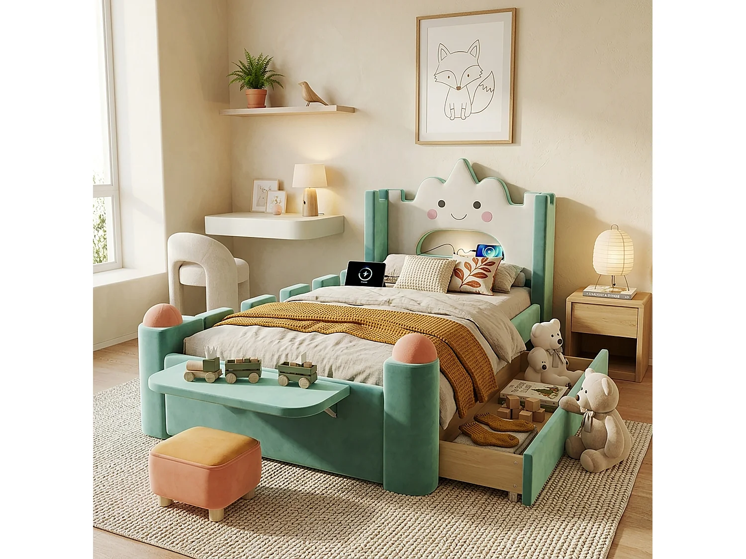 Gepolstertes Bett 90 x 200 cm mit 1 wendbarer Schublade, Leselampe, USB-Anschluss, Klappregal - Samt - Entenblau (Matratze nicht im Lieferumfang enthalten)