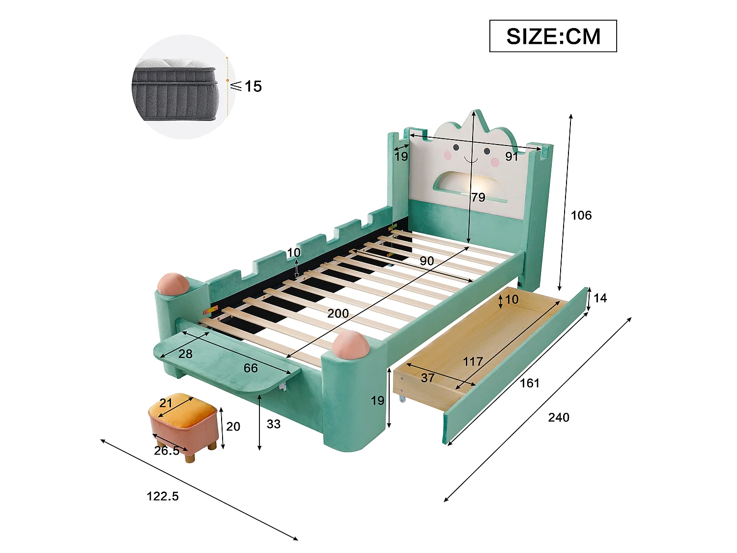 Gepolstertes Bett 90 x 200 cm mit 1 wendbarer Schublade, Leselampe, USB-Anschluss, Klappregal - Samt - Entenblau (Matratze nicht im Lieferumfang enthalten)