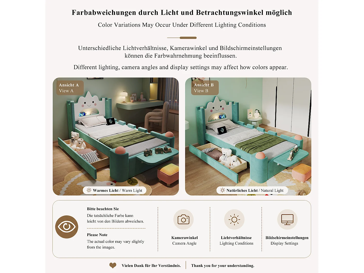 Gepolstertes Bett 90 x 200 cm mit 1 wendbarer Schublade, Leselampe, USB-Anschluss, Klappregal - Samt - Entenblau (Matratze nicht im Lieferumfang enthalten)