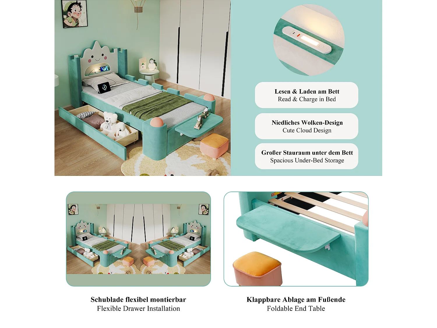 Gepolstertes Bett 90 x 200 cm mit 1 wendbarer Schublade, Leselampe, USB-Anschluss, Klappregal - Samt - Entenblau (Matratze nicht im Lieferumfang enthalten)
