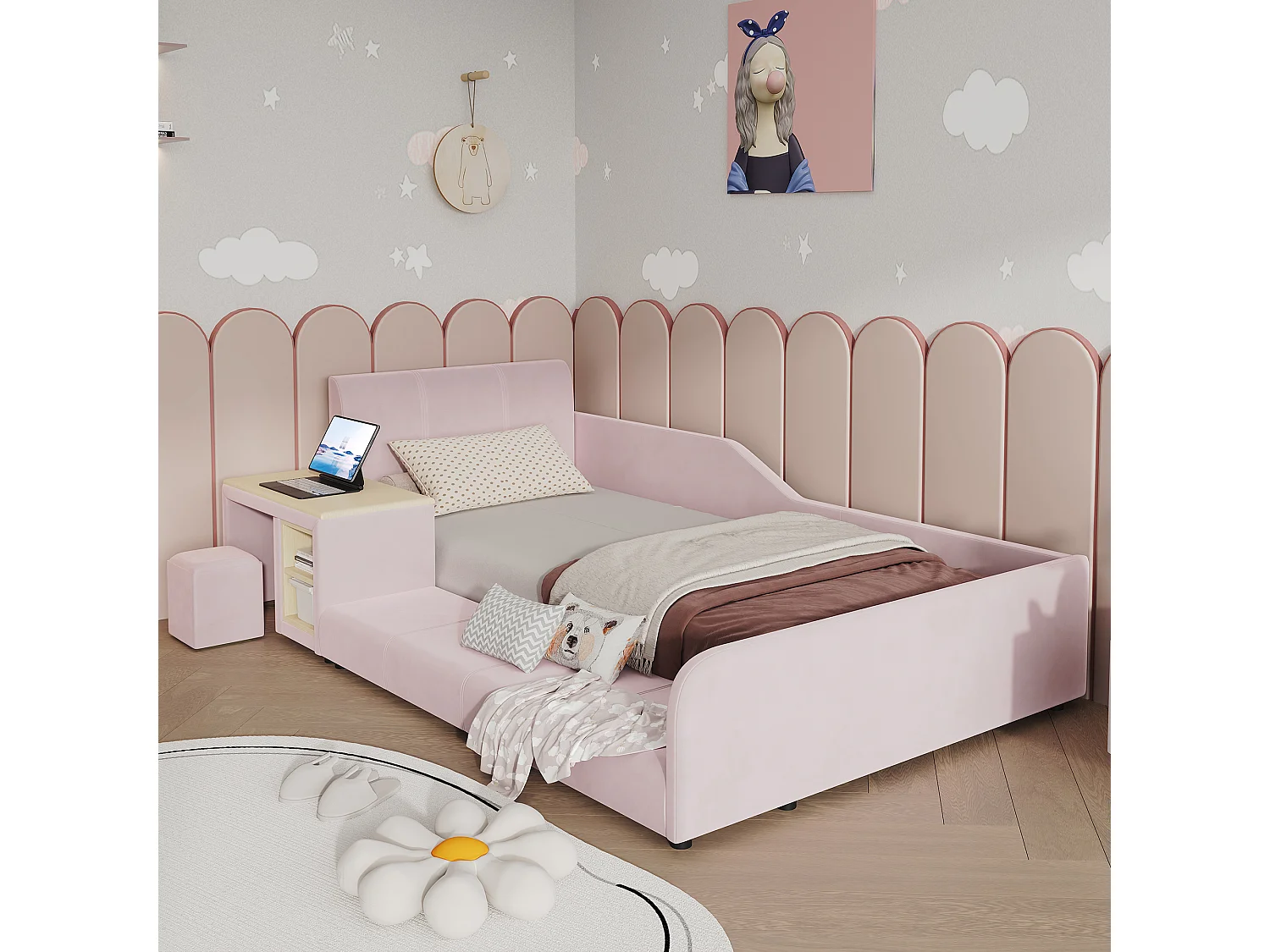 Lit enfant 90 x 200 cm avec bureau, tabouret et étagère de rangement – Velours – Rose (Sans matelas)