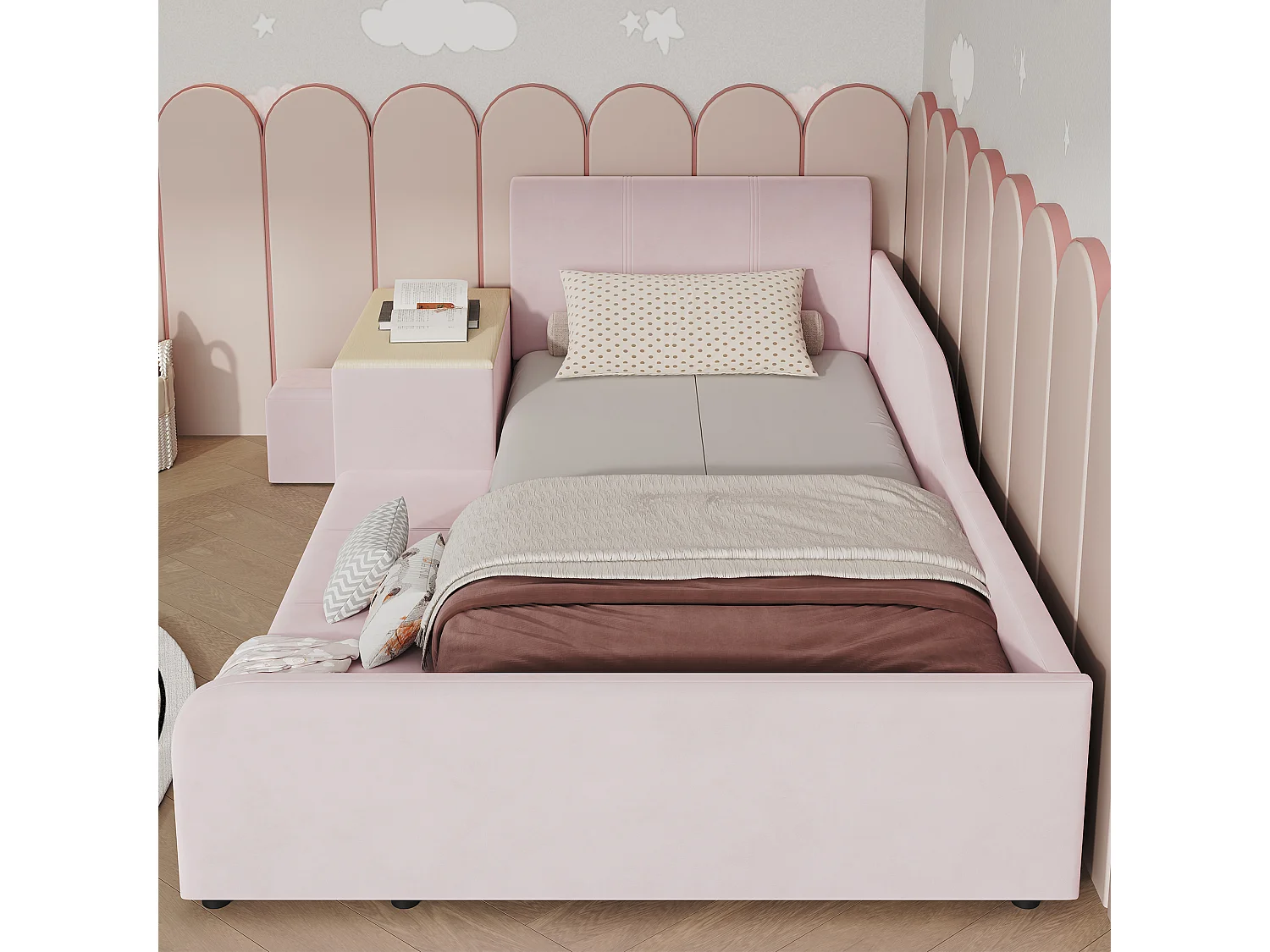 Lit enfant 90 x 200 cm avec bureau, tabouret et étagère de rangement – Velours – Rose (Sans matelas)