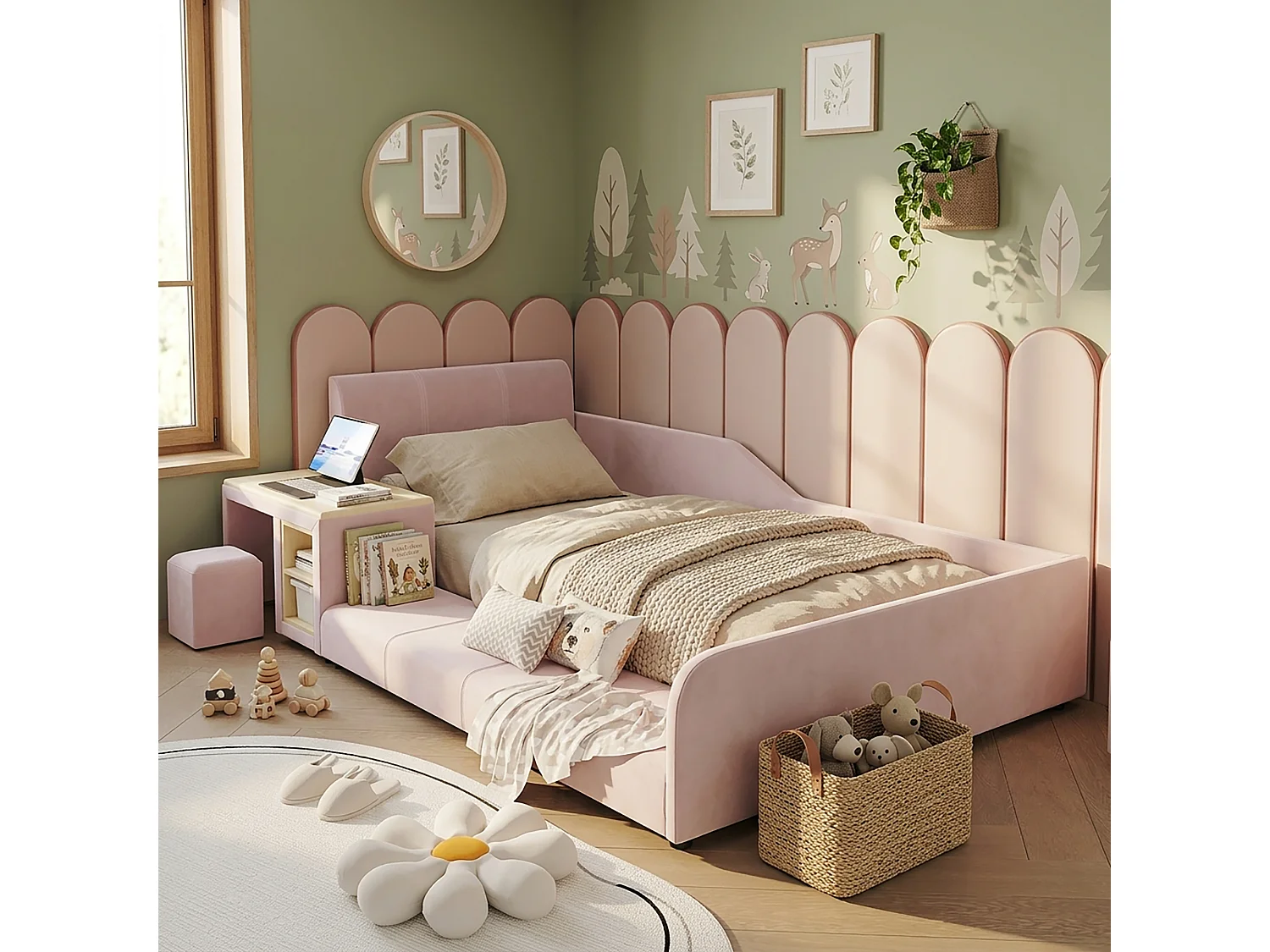 Lit enfant 90 x 200 cm avec bureau, tabouret et étagère de rangement – Velours – Rose (Sans matelas)