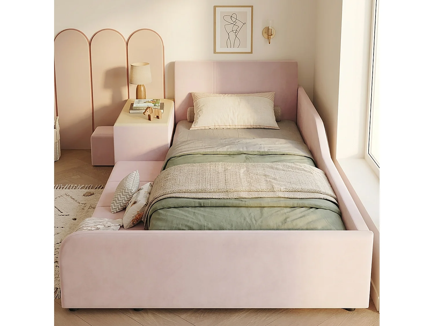 Lit enfant 90 x 200 cm avec bureau, tabouret et étagère de rangement – Velours – Rose (Sans matelas)