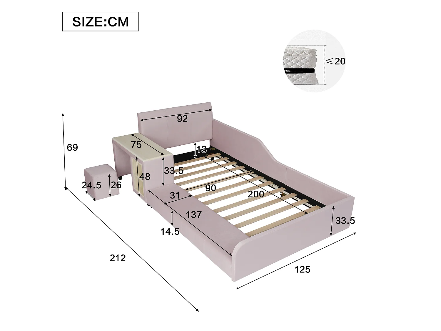 Lit enfant 90 x 200 cm avec bureau, tabouret et étagère de rangement – Velours – Rose (Sans matelas)