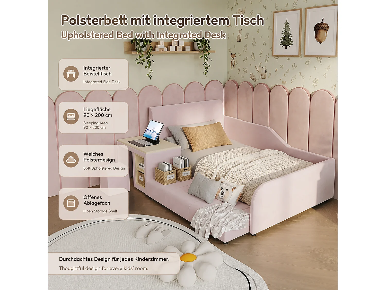 Lit enfant 90 x 200 cm avec bureau, tabouret et étagère de rangement – Velours – Rose (Sans matelas)