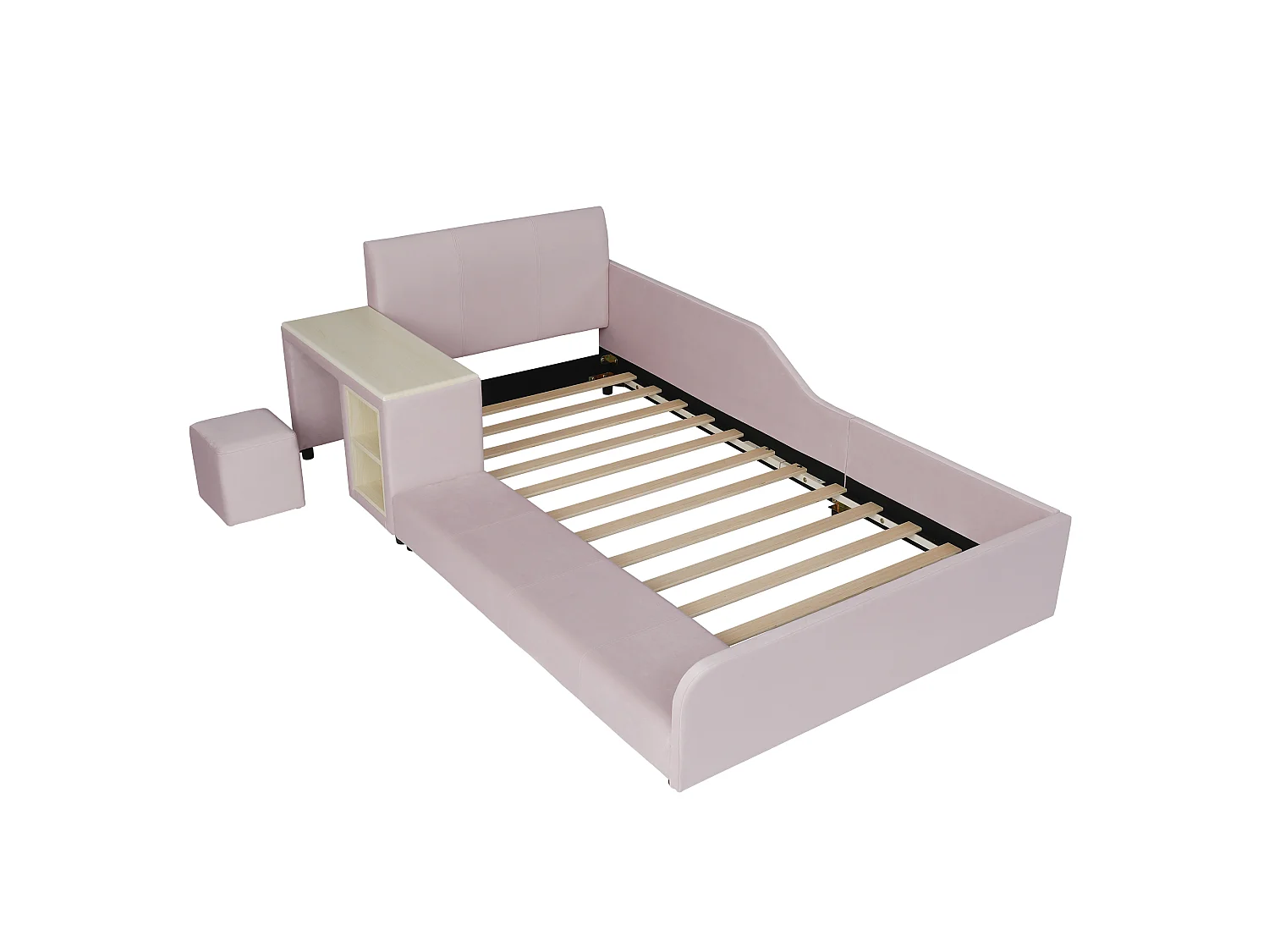 Lit enfant 90 x 200 cm avec bureau, tabouret et étagère de rangement – Velours – Rose (Sans matelas)