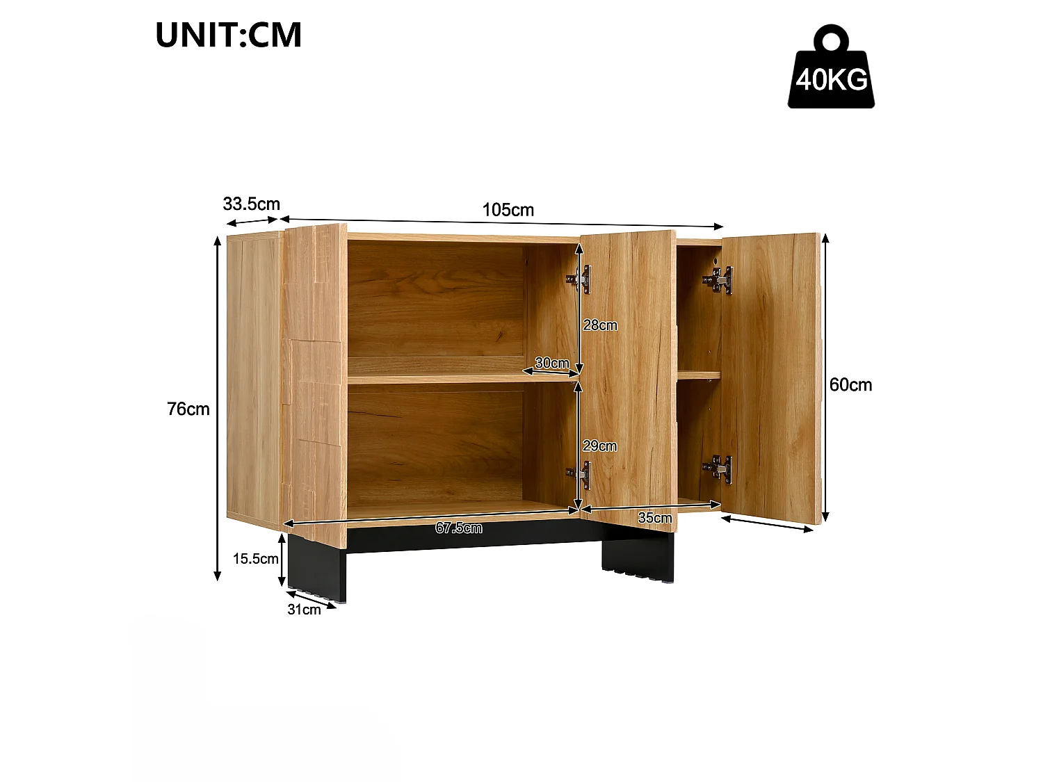 3-door sideboard with adjustable shelves – MDF and bamboo – 105 x 33.5 x 76 cm – Natural and black