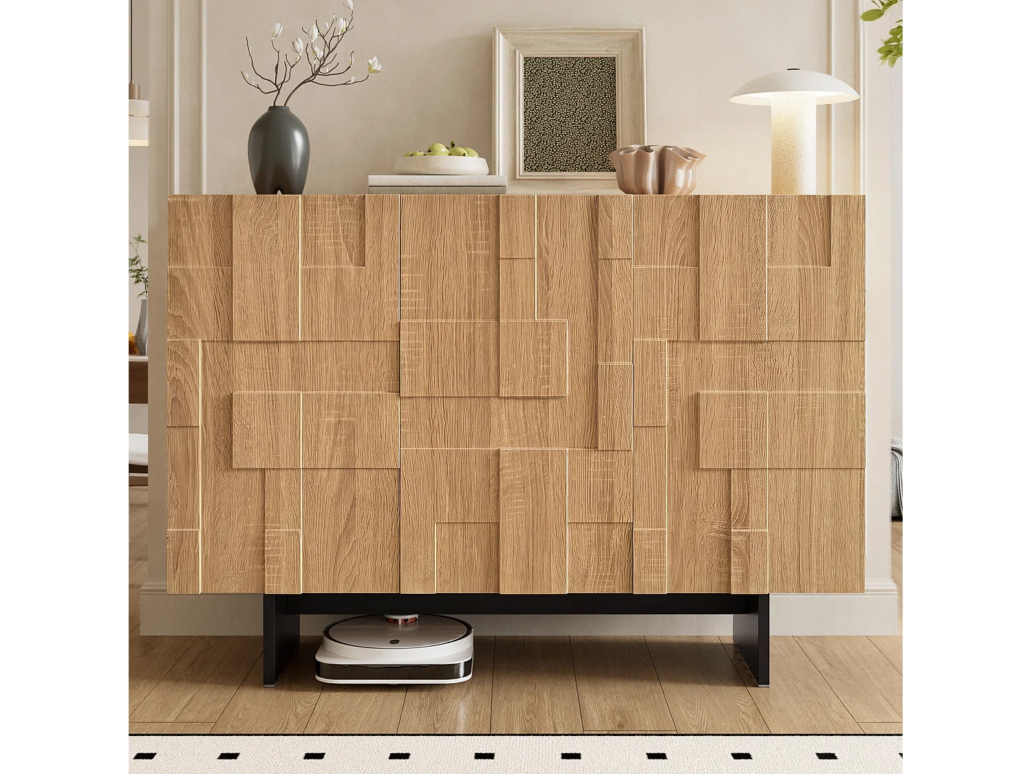 3-door sideboard with adjustable shelves – MDF and bamboo – 105 x 33.5 x 76 cm – Natural and black