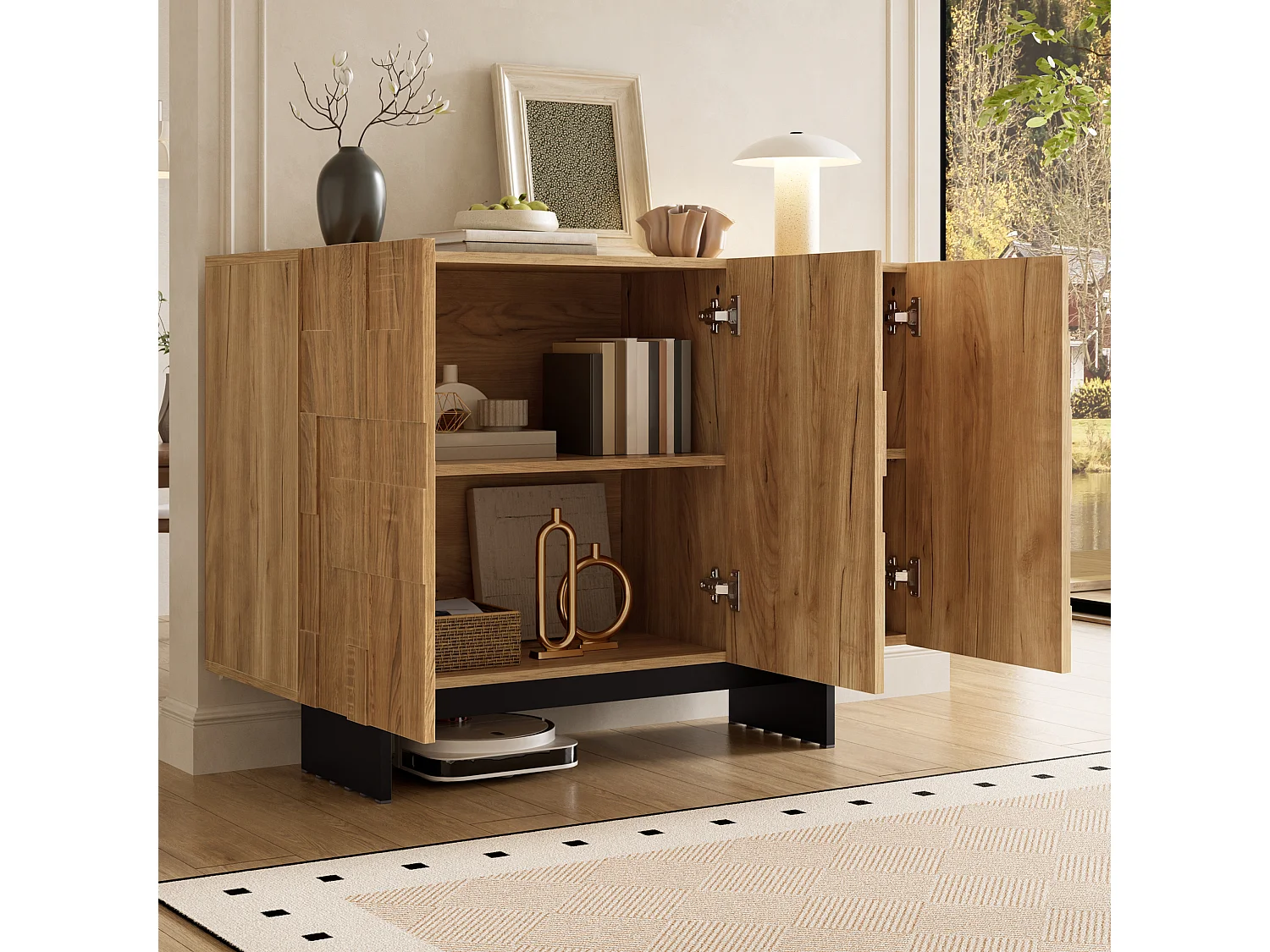 3-door sideboard with adjustable shelves – MDF and bamboo – 105 x 33.5 x 76 cm – Natural and black