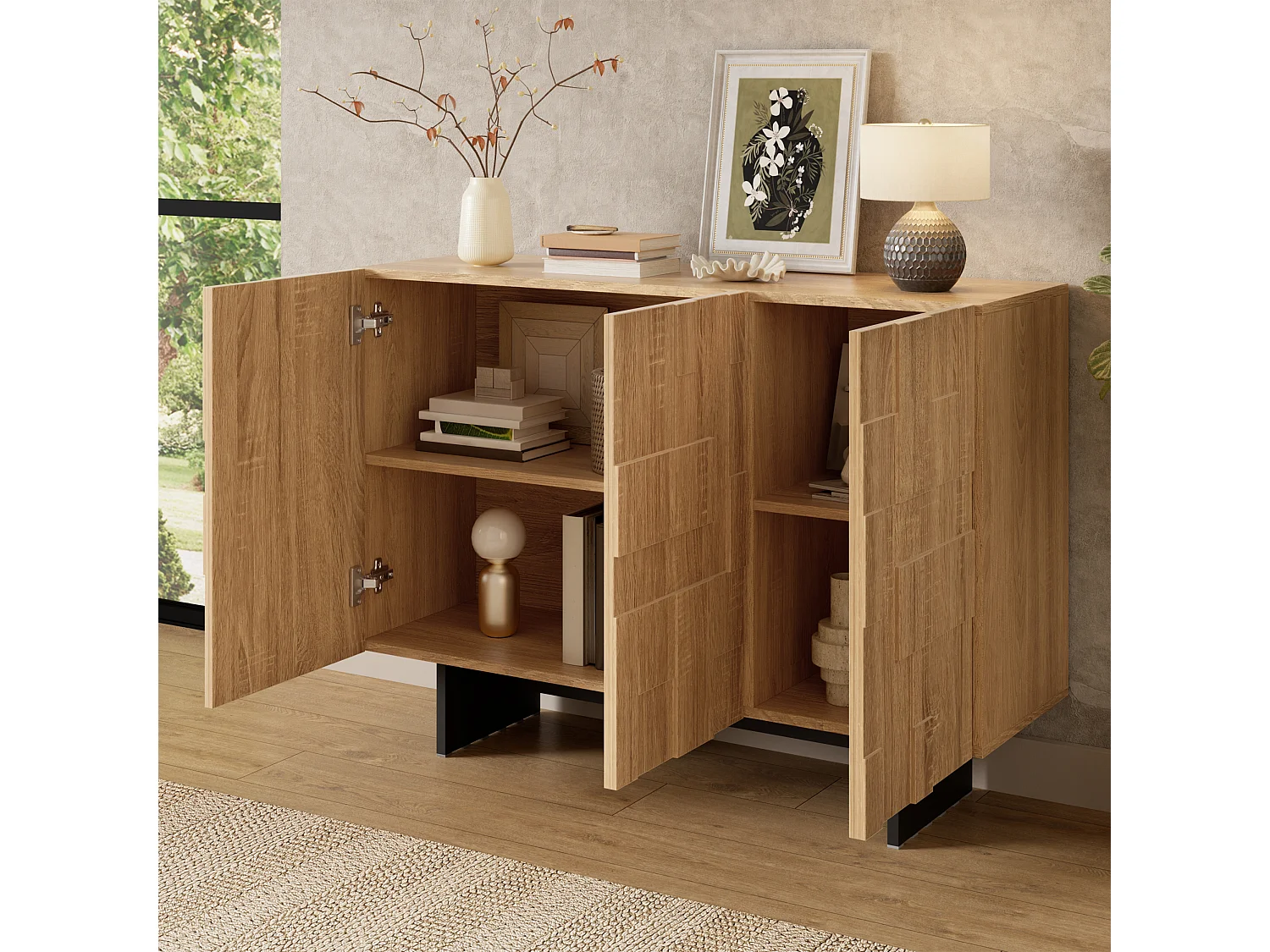 3-door sideboard with adjustable shelves – MDF and bamboo – 105 x 33.5 x 76 cm – Natural and black