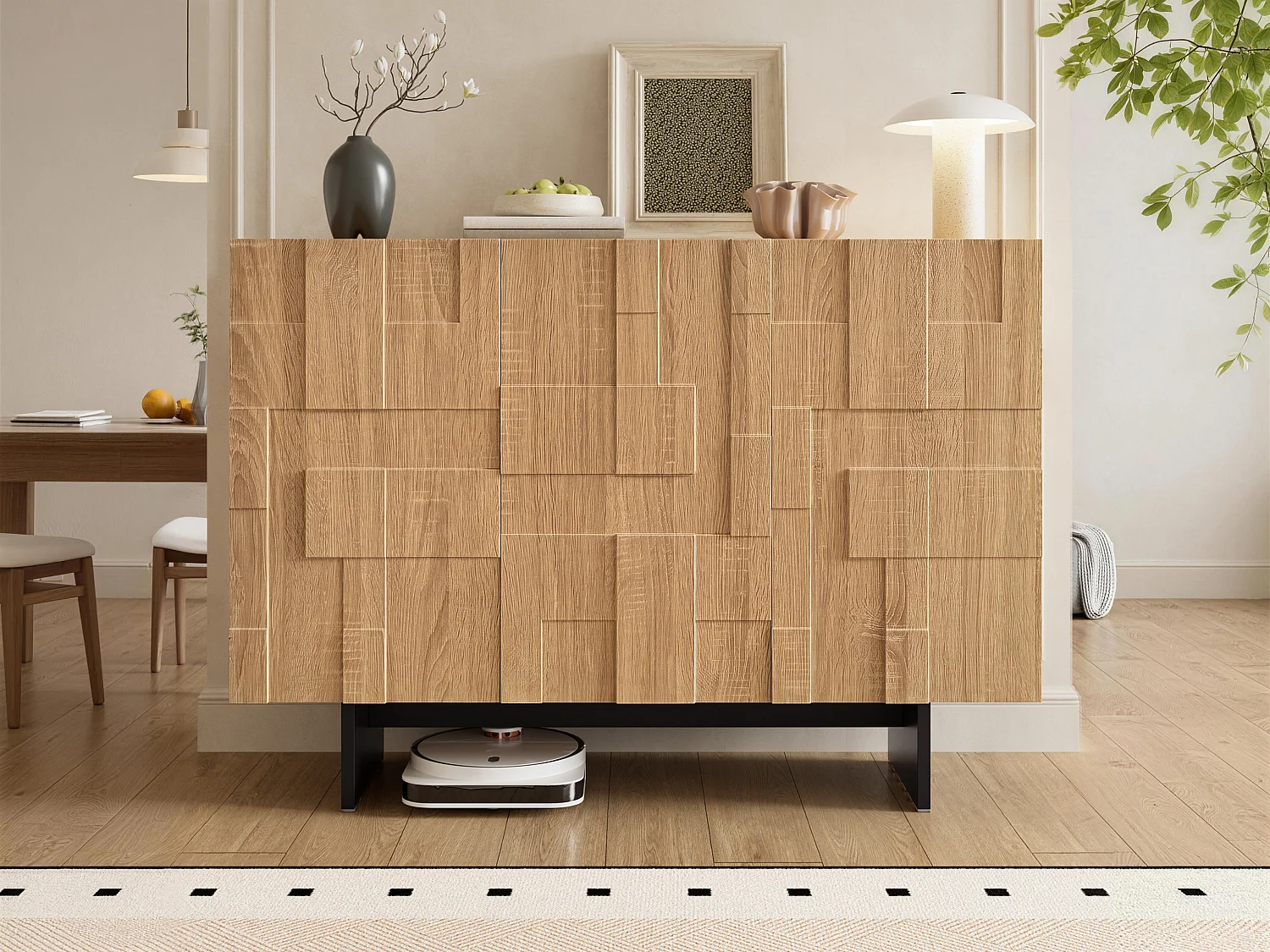3-door sideboard with adjustable shelves – MDF and bamboo – 105 x 33.5 x 76 cm – Natural and black