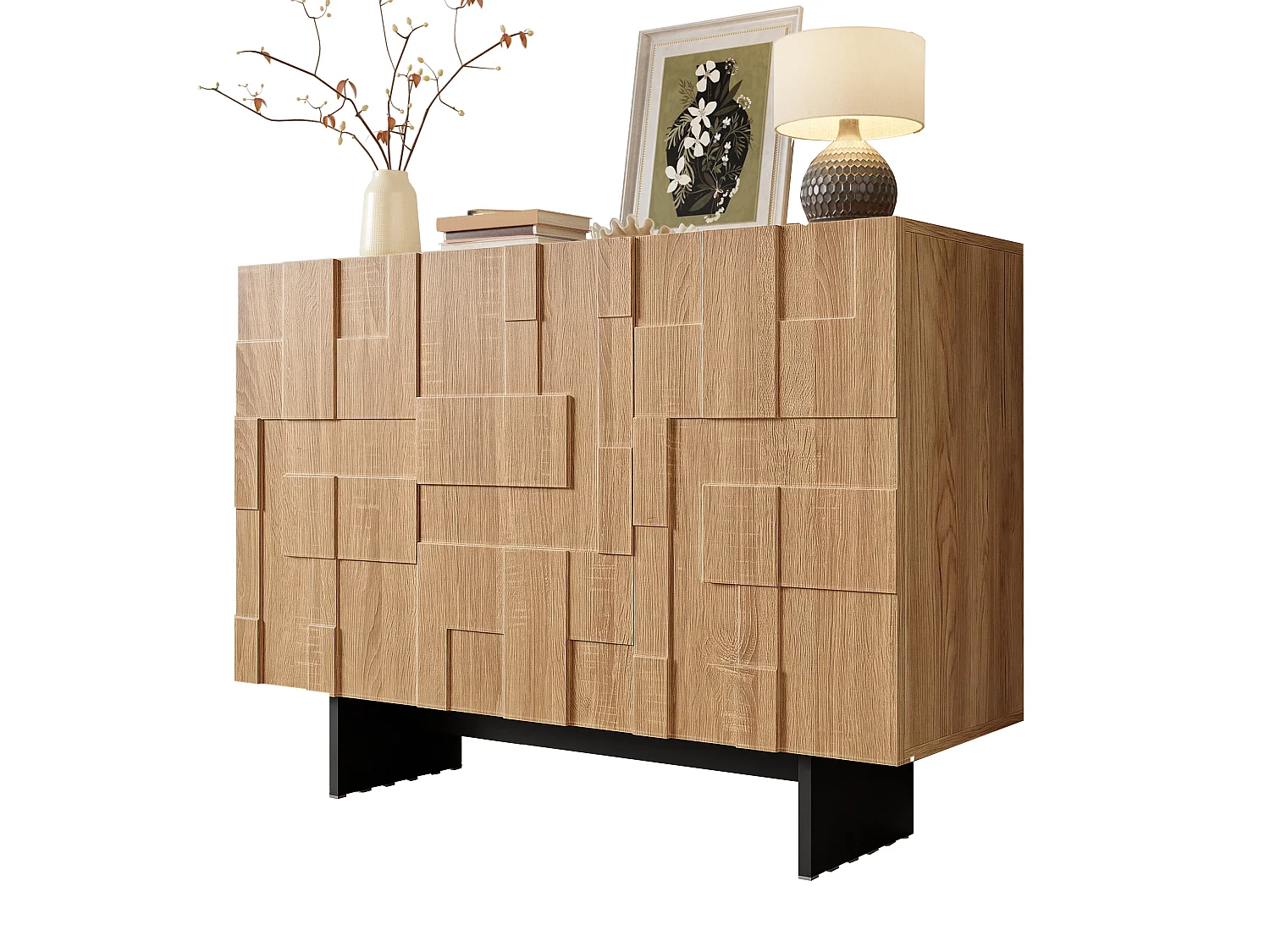 3-door sideboard with adjustable shelves – MDF and bamboo – 105 x 33.5 x 76 cm – Natural and black