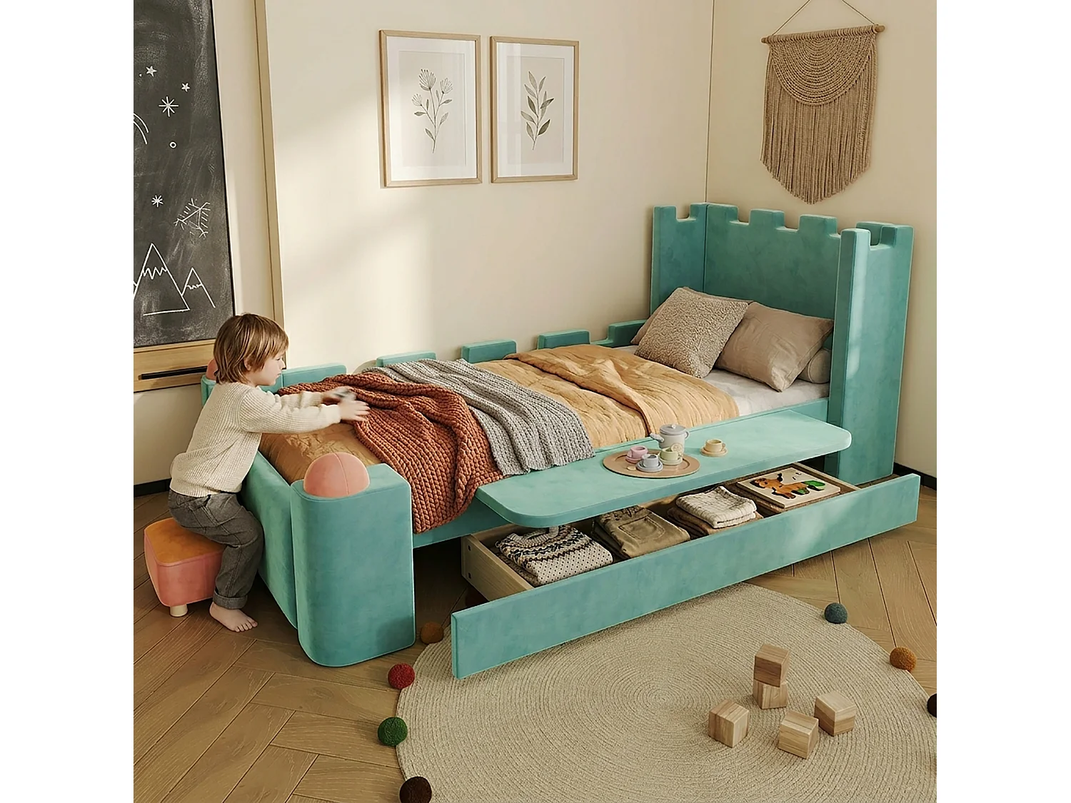 Lit capitonné 90 x 200 cm avec 1 tiroir de rangement et étagère latérale pliable – Velours français – Bleu canard (Sans matelas)