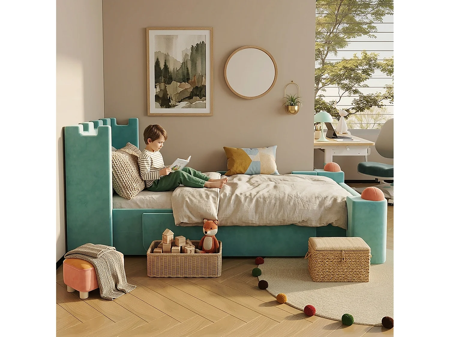Lit capitonné 90 x 200 cm avec 1 tiroir de rangement et étagère latérale pliable – Velours français – Bleu canard (Sans matelas)