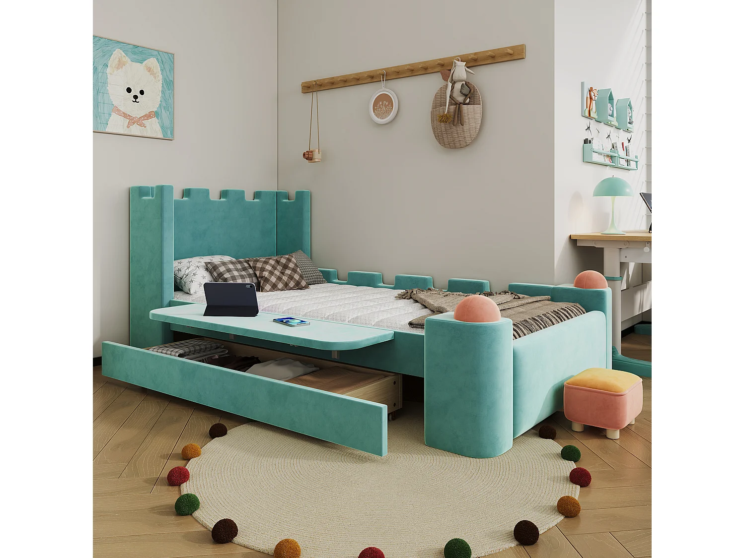 Lit capitonné 90 x 200 cm avec 1 tiroir de rangement et étagère latérale pliable – Velours français – Bleu canard (Sans matelas)