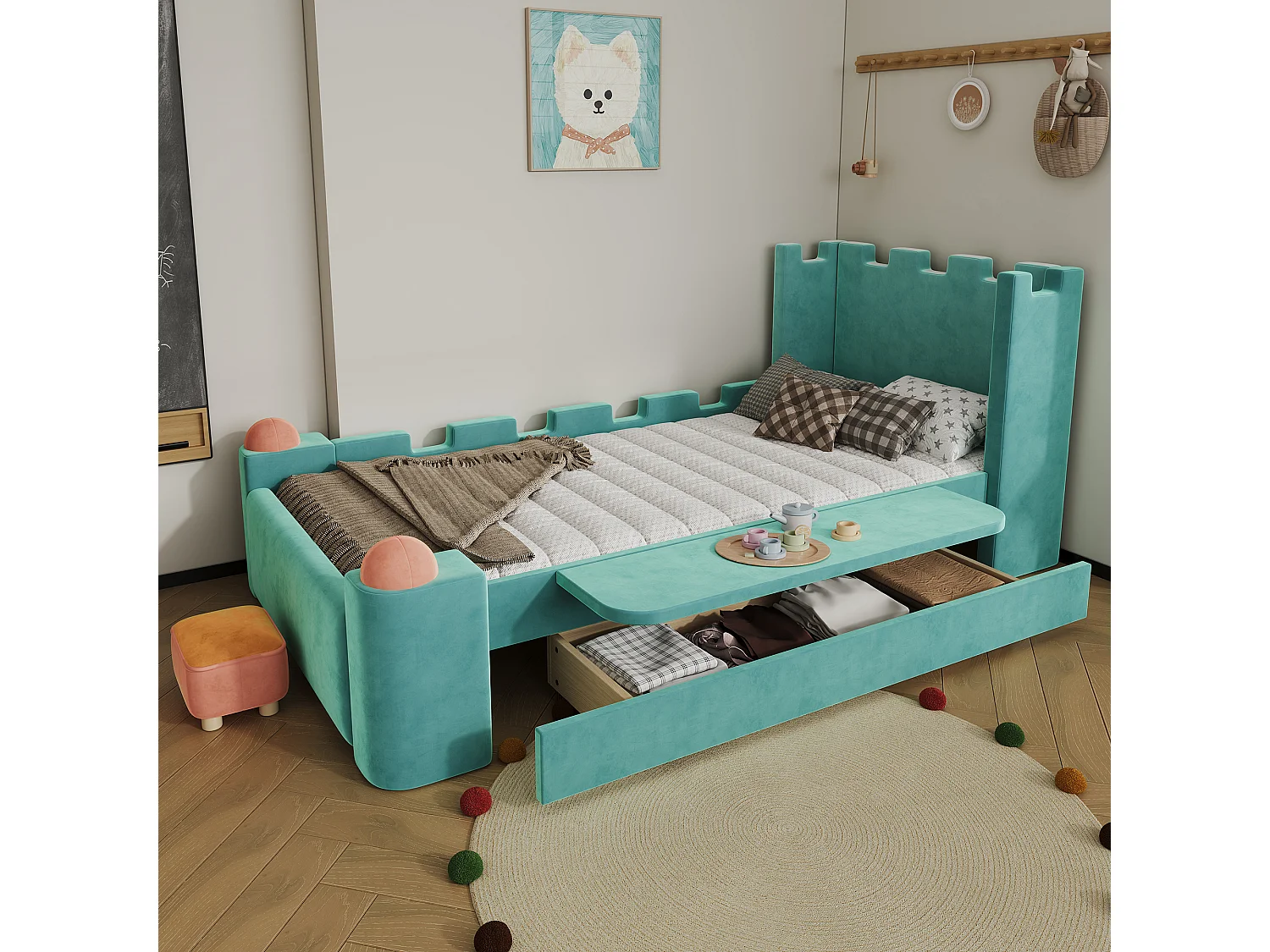 Lit capitonné 90 x 200 cm avec 1 tiroir de rangement et étagère latérale pliable – Velours français – Bleu canard (Sans matelas)