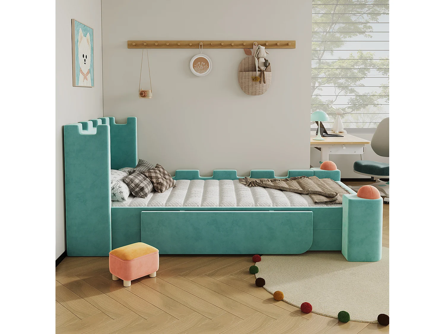 Lit capitonné 90 x 200 cm avec 1 tiroir de rangement et étagère latérale pliable – Velours français – Bleu canard (Sans matelas)
