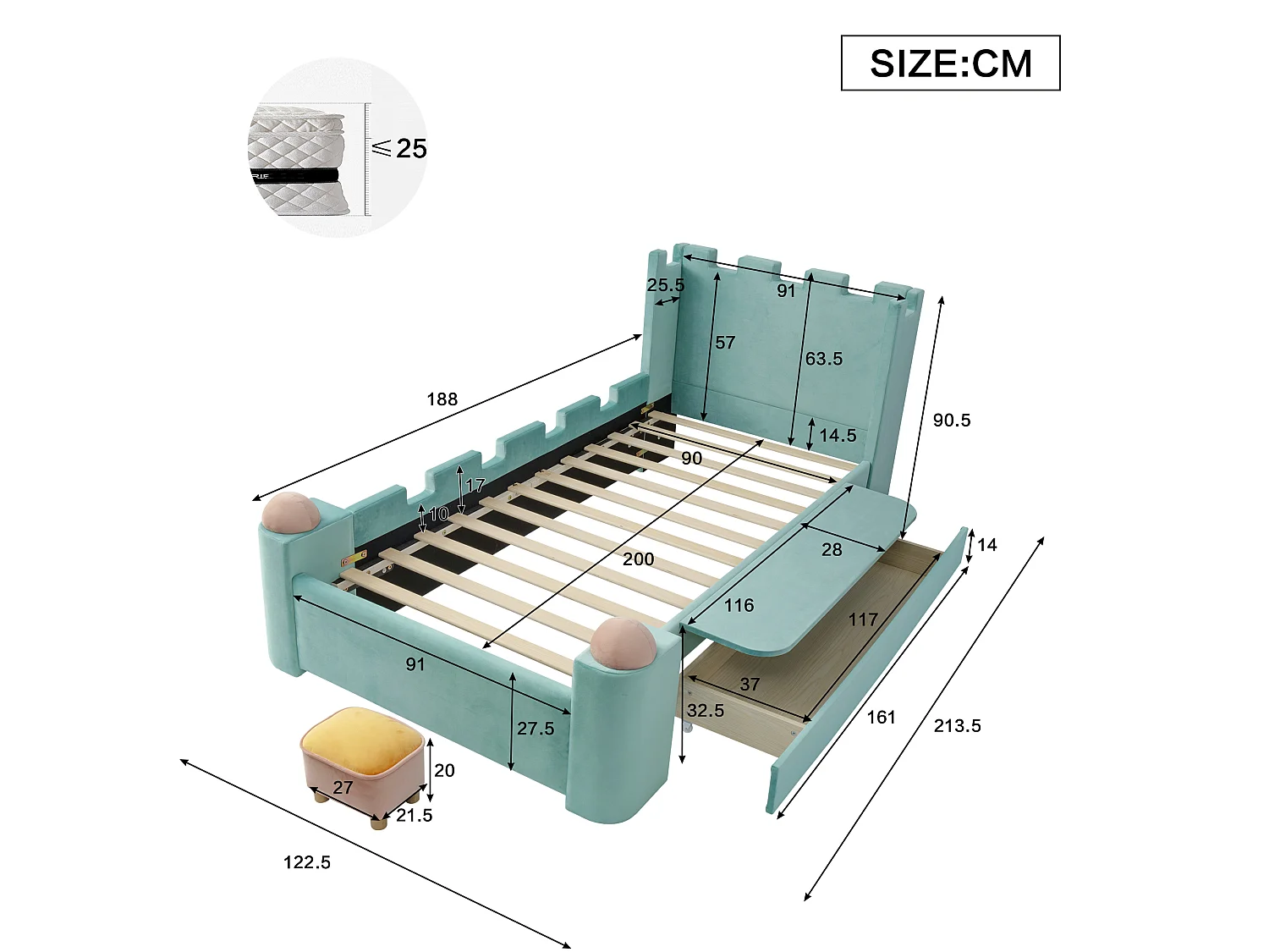 Lit capitonné 90 x 200 cm avec 1 tiroir de rangement et étagère latérale pliable – Velours français – Bleu canard (Sans matelas)