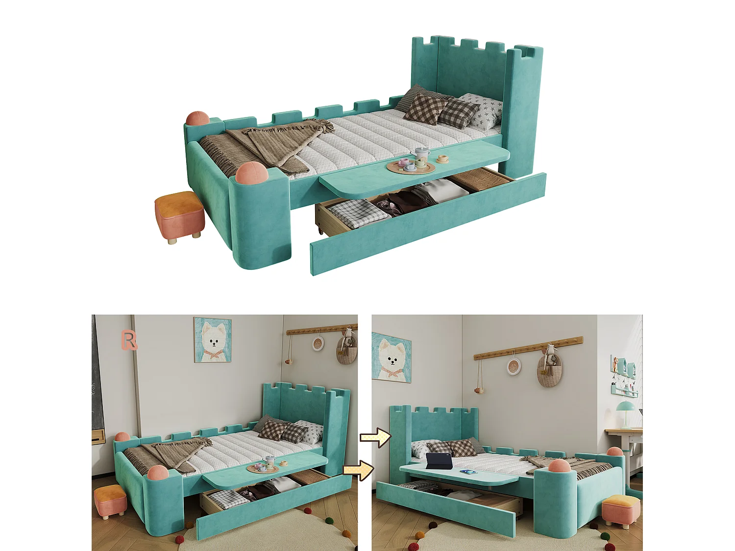 Lit capitonné 90 x 200 cm avec 1 tiroir de rangement et étagère latérale pliable – Velours français – Bleu canard (Sans matelas)