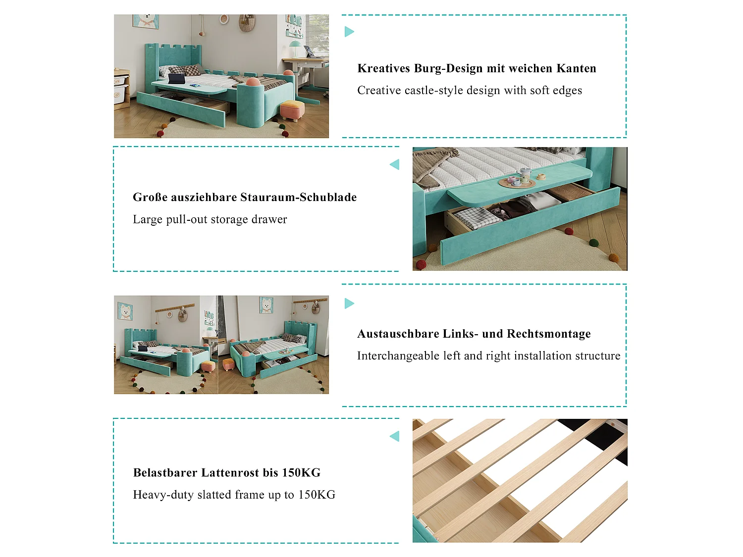Lit capitonné 90 x 200 cm avec 1 tiroir de rangement et étagère latérale pliable – Velours français – Bleu canard (Sans matelas)