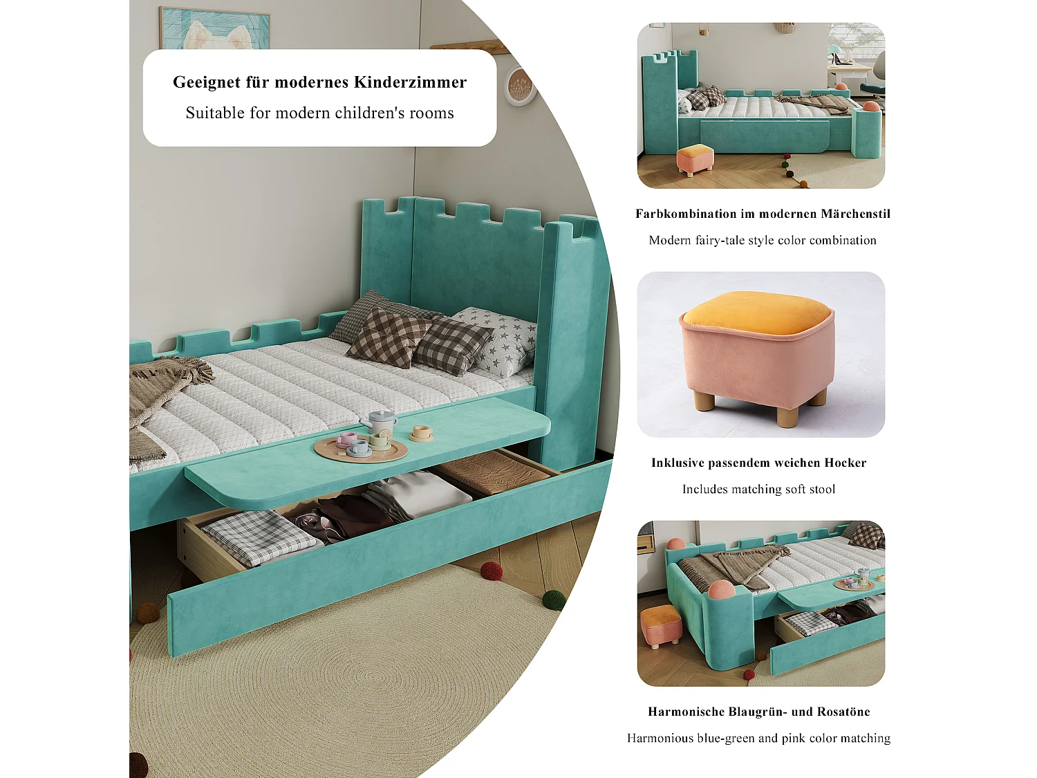 Lit capitonné 90 x 200 cm avec 1 tiroir de rangement et étagère latérale pliable – Velours français – Bleu canard (Sans matelas)