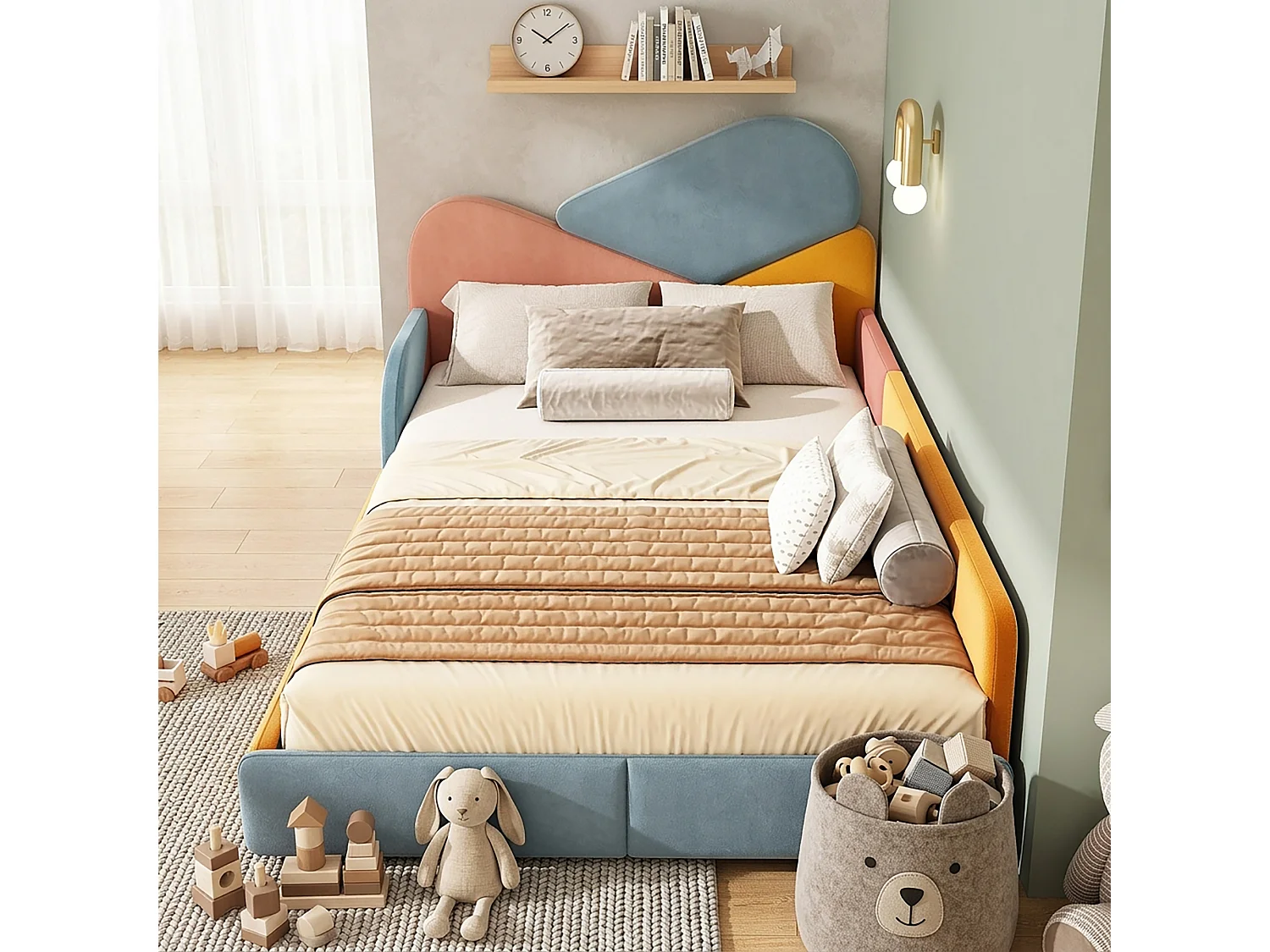 Children's bed 140 x 200 cm with side safety rails and fall protection – Velvet – Blue/Pink/Orange (Mattress not included)