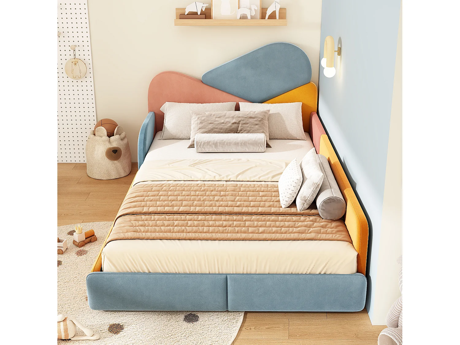 Children's bed 140 x 200 cm with side safety rails and fall protection – Velvet – Blue/Pink/Orange (Mattress not included)