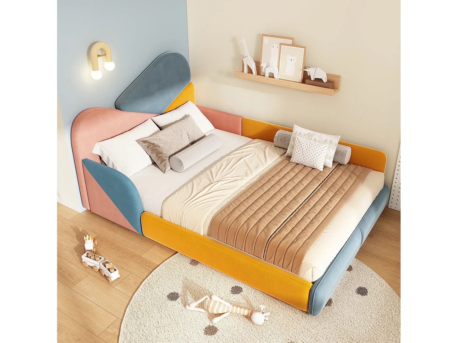 Children's bed 140 x 200 cm with side safety rails and fall protection – Velvet – Blue/Pink/Orange (Mattress not included)
