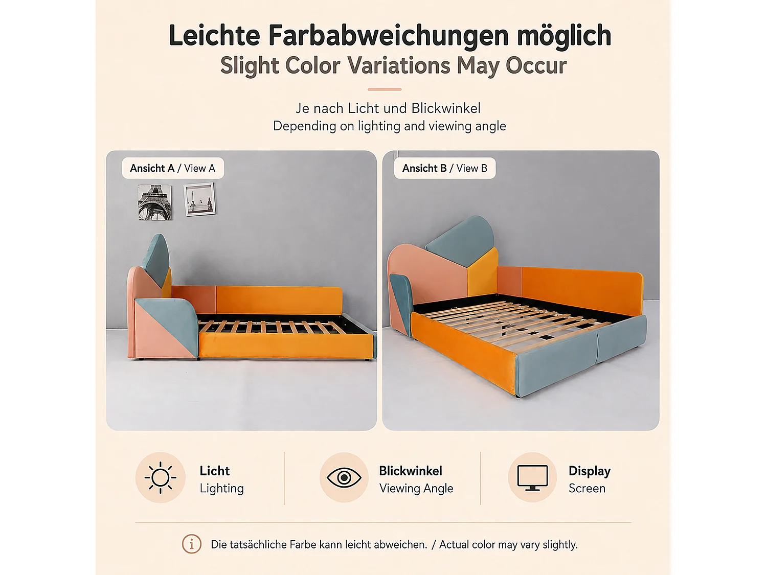 Children's bed 140 x 200 cm with side safety rails and fall protection – Velvet – Blue/Pink/Orange (Mattress not included)