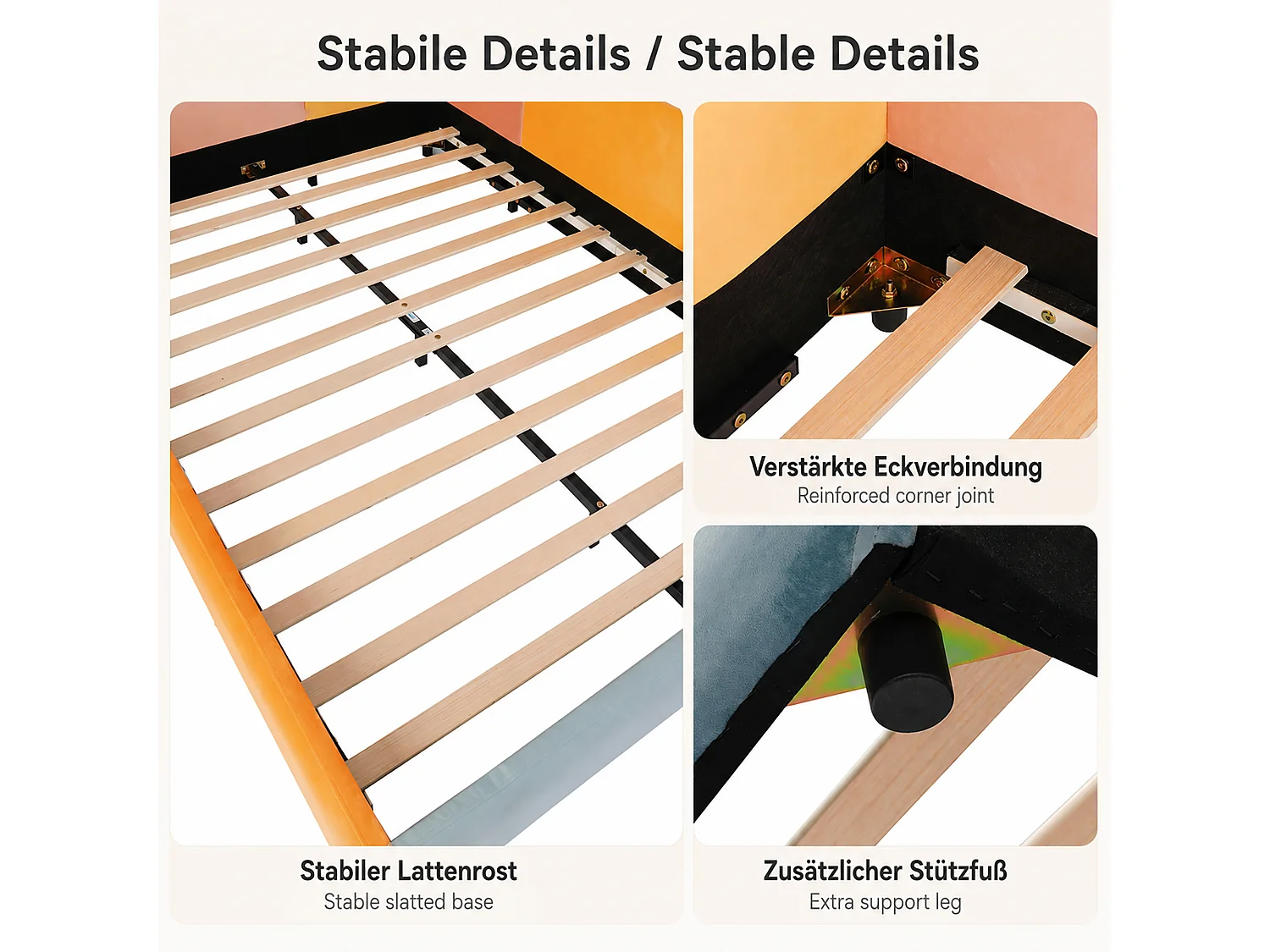 Children's bed 140 x 200 cm with side safety rails and fall protection – Velvet – Blue/Pink/Orange (Mattress not included)