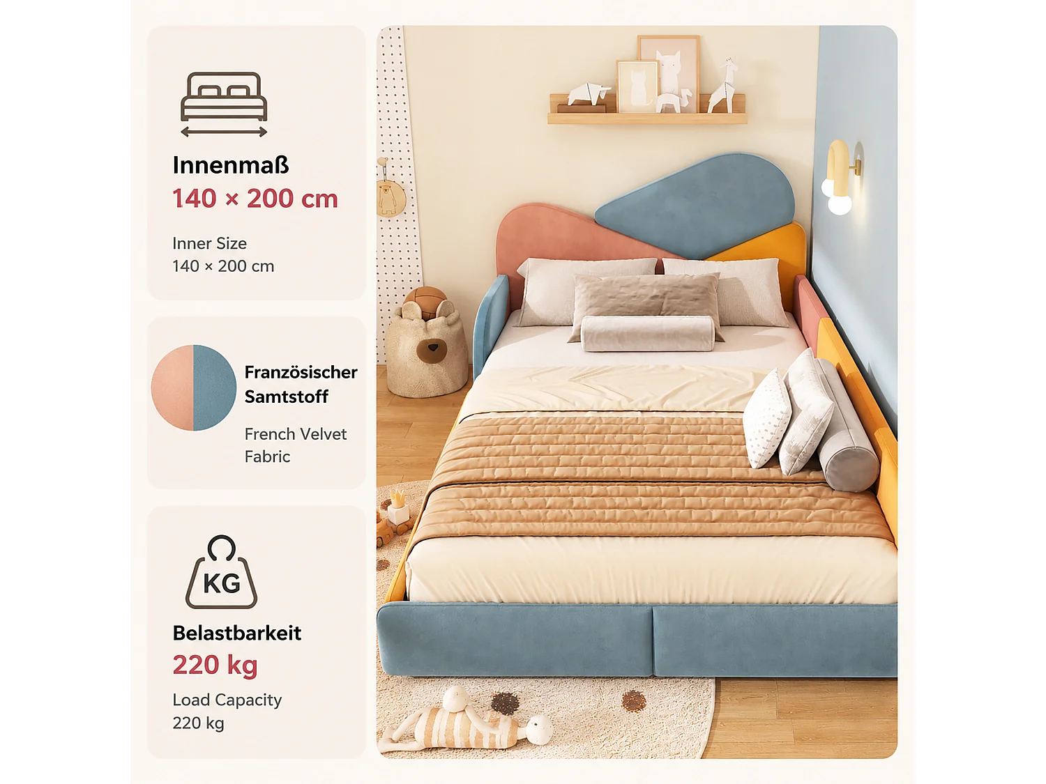 Children's bed 140 x 200 cm with side safety rails and fall protection – Velvet – Blue/Pink/Orange (Mattress not included)