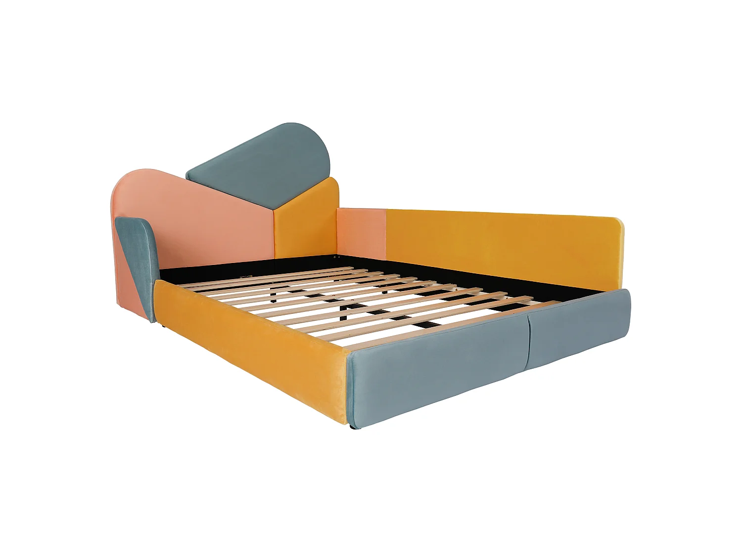 Children's bed 140 x 200 cm with side safety rails and fall protection – Velvet – Blue/Pink/Orange (Mattress not included)