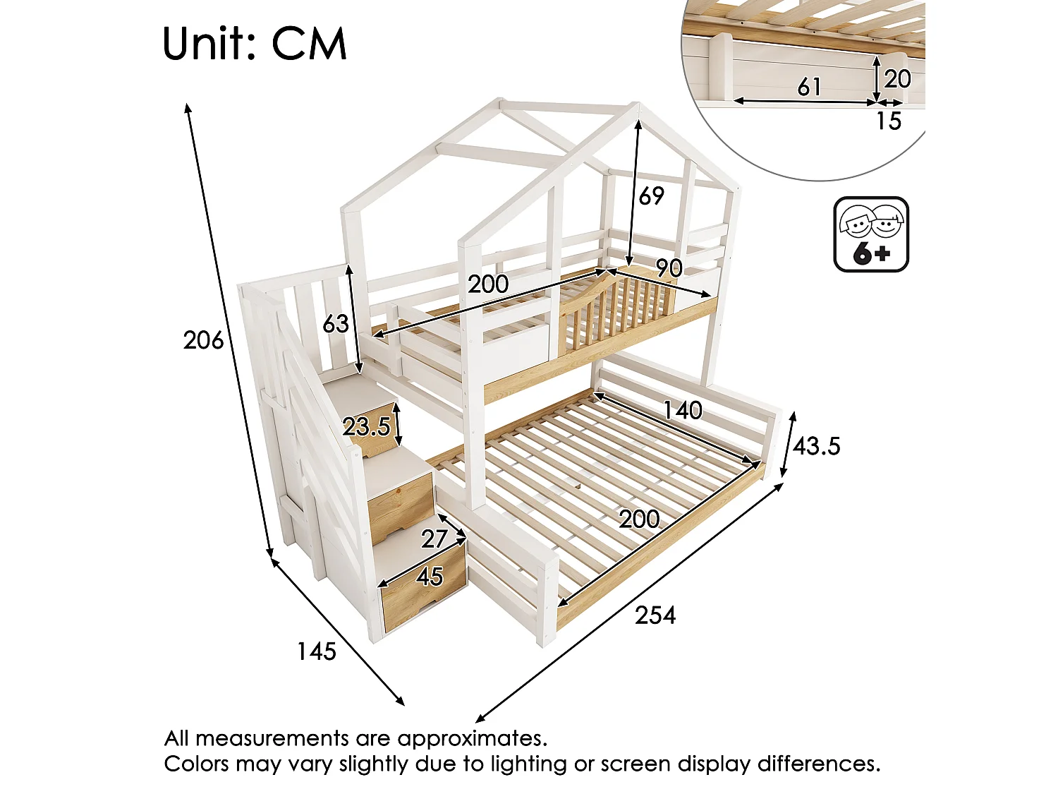 Bunk bed 90 x 200 / 140 x 200 cm with storage ladder, 3 compartments - Solid pine + MDF + LVL - White and wood (Mattress not included)
