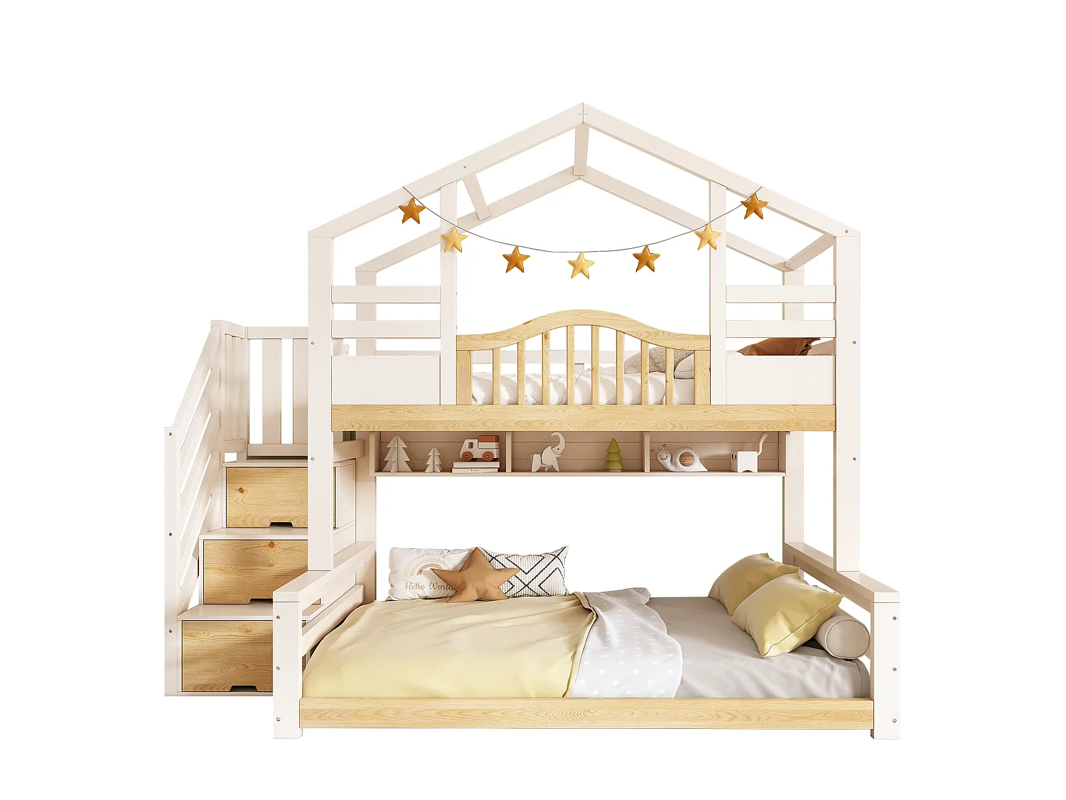 Bunk bed 90 x 200 / 140 x 200 cm with storage ladder, 3 compartments - Solid pine + MDF + LVL - White and wood (Mattress not included)