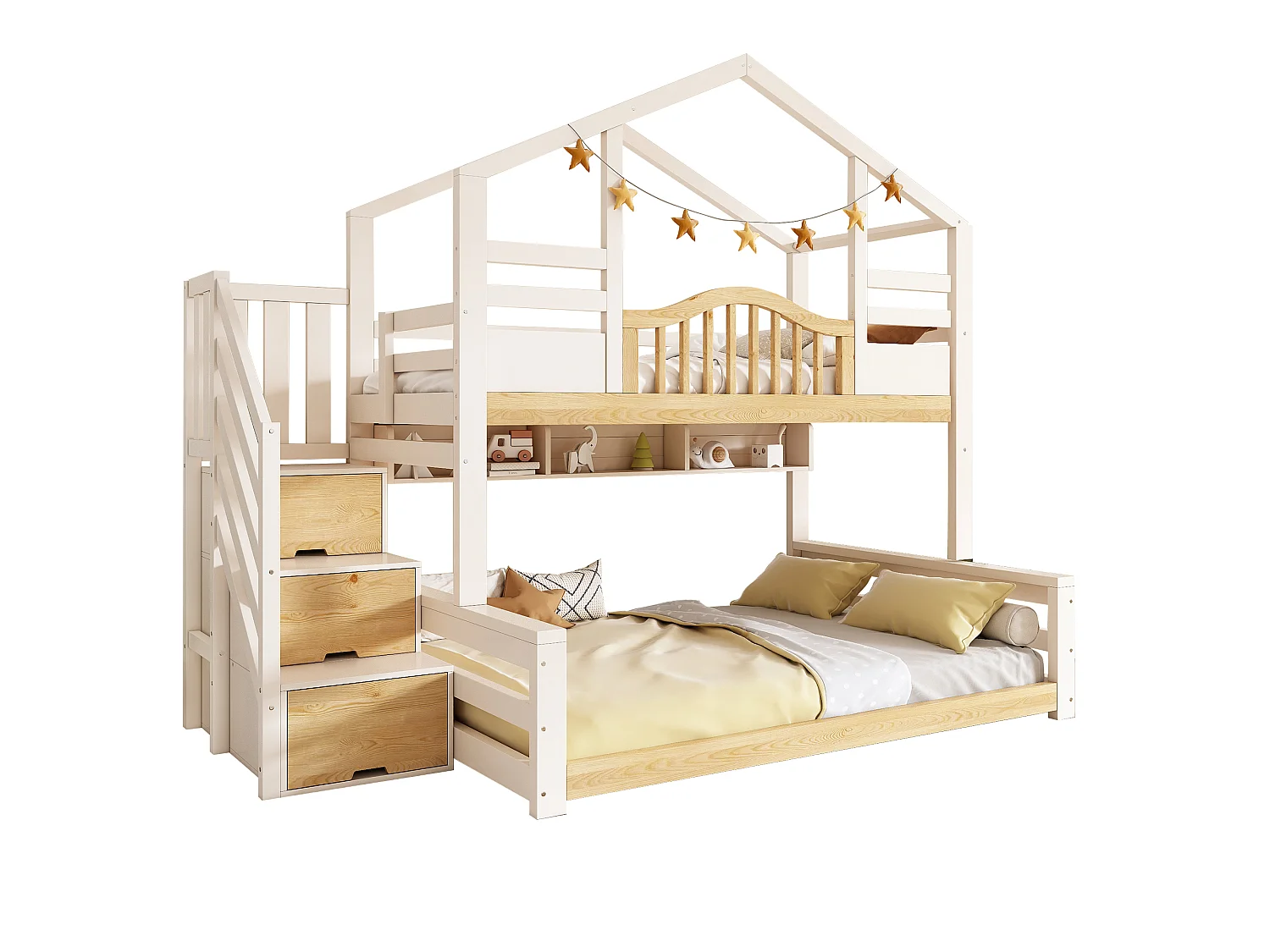 Bunk bed 90 x 200 / 140 x 200 cm with storage ladder, 3 compartments - Solid pine + MDF + LVL - White and wood (Mattress not included)