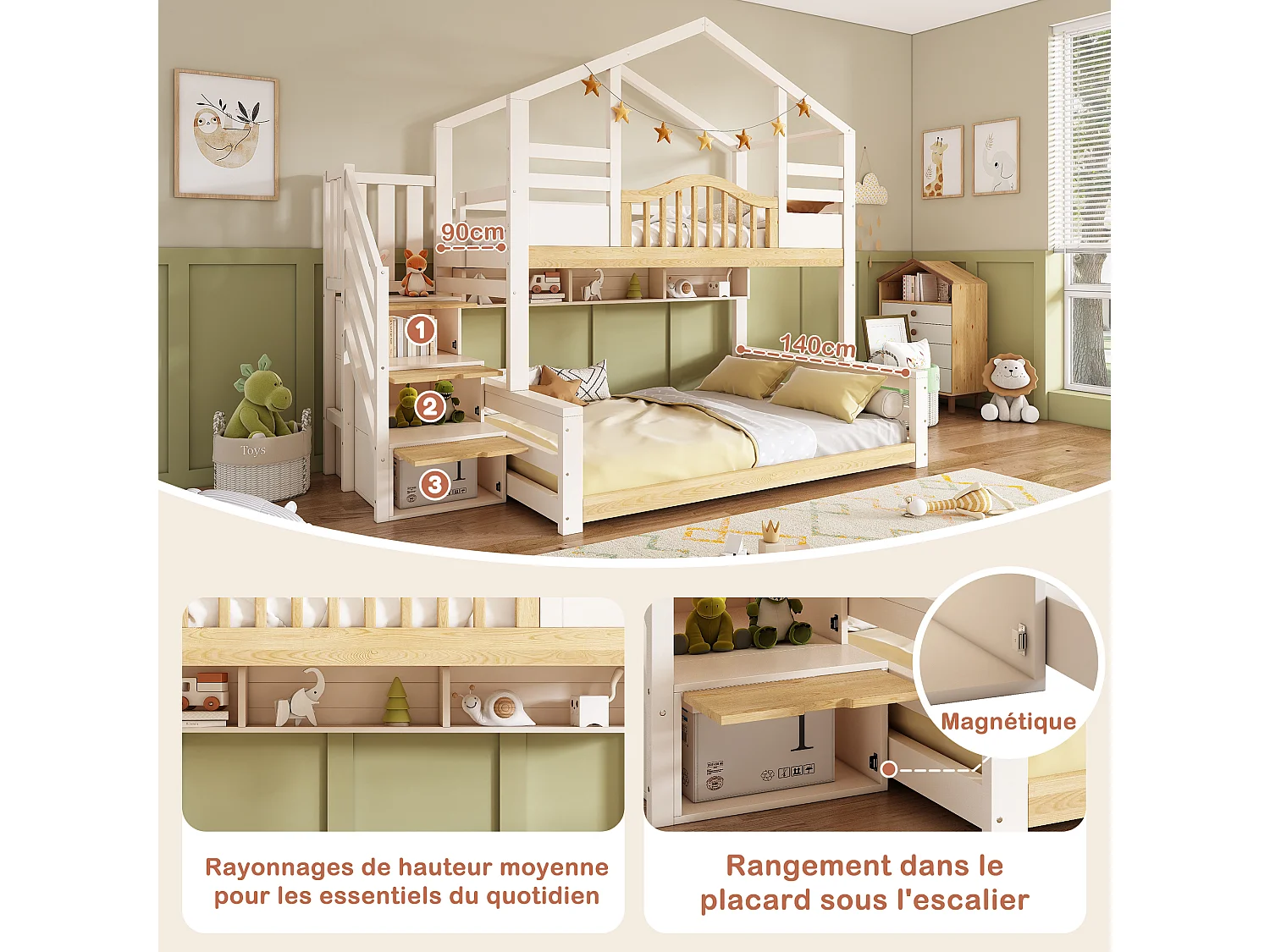Bunk bed 90 x 200 / 140 x 200 cm with storage ladder, 3 compartments - Solid pine + MDF + LVL - White and wood (Mattress not included)