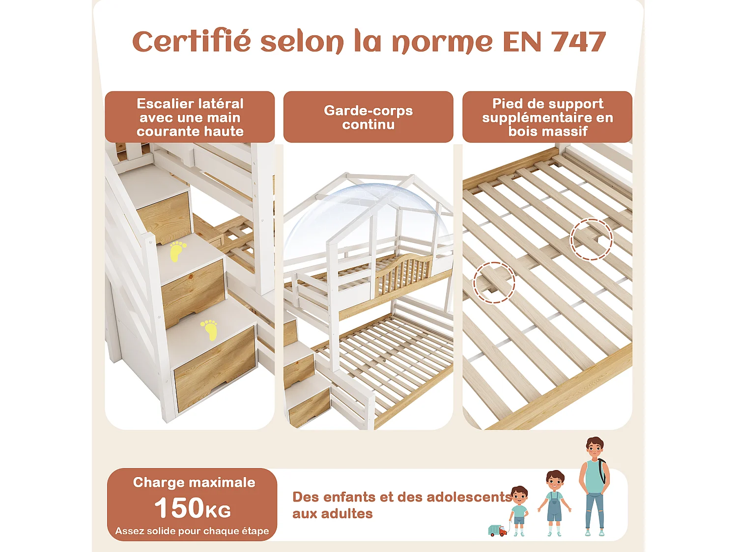 Bunk bed 90 x 200 / 140 x 200 cm with storage ladder, 3 compartments - Solid pine + MDF + LVL - White and wood (Mattress not included)