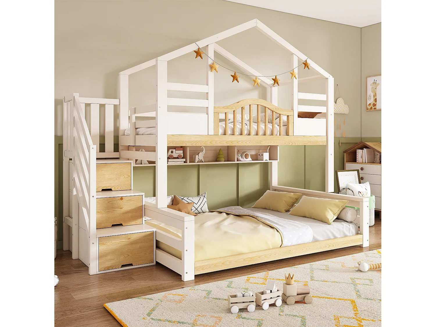 Bunk bed 90 x 200 / 140 x 200 cm with storage ladder, 3 compartments - Solid pine + MDF + LVL - White and wood (Mattress not included)