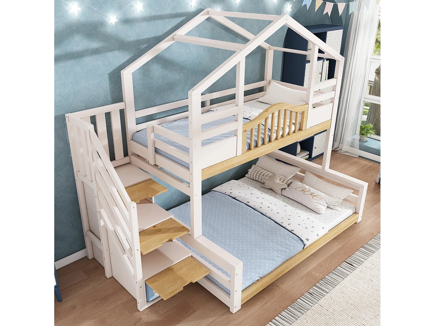 Bunk bed 90 x 200 / 140 x 200 cm with storage ladder, 3 compartments - Solid pine + MDF + LVL - White and wood (Mattress not included)