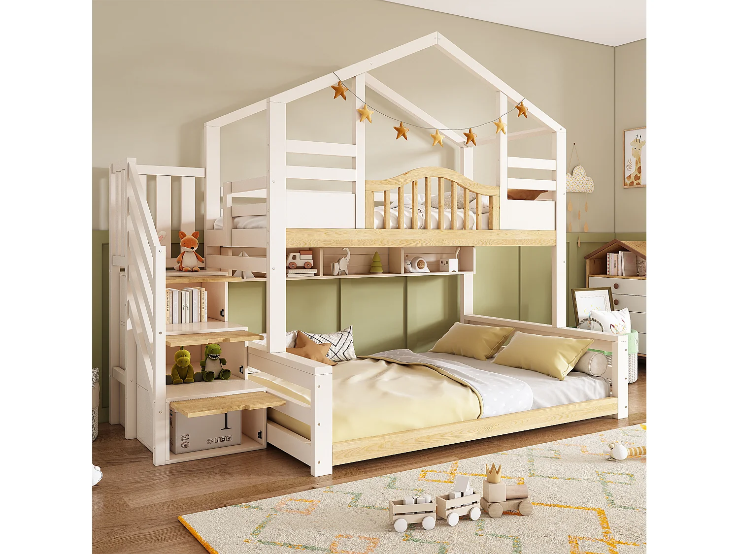 Bunk bed 90 x 200 / 140 x 200 cm with storage ladder, 3 compartments - Solid pine + MDF + LVL - White and wood (Mattress not included)