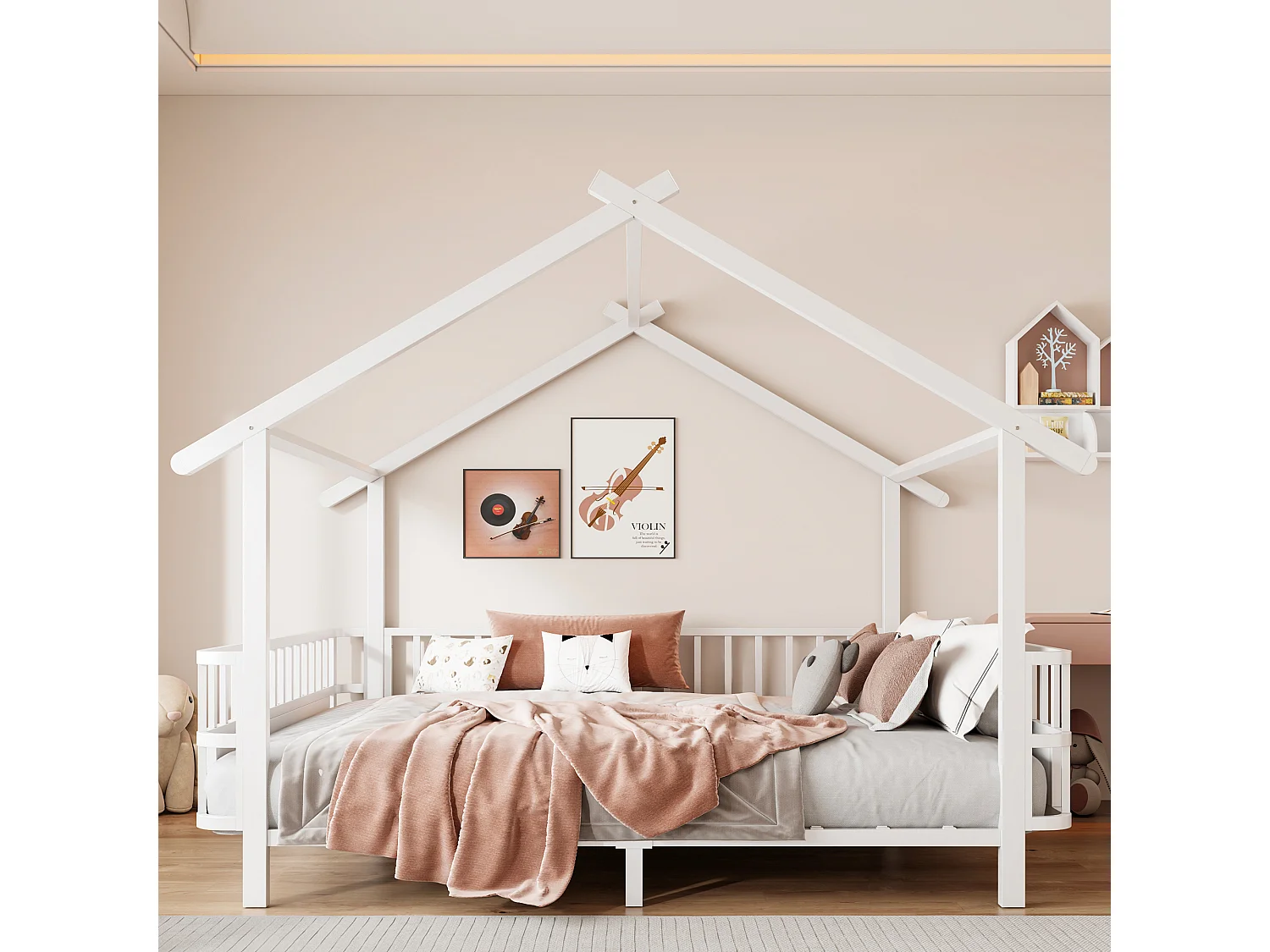 Lit cabane enfant 140 x 200 cm avec barrières de sécurité – Structure métal personnalisable – Blanc (Sans matelas)