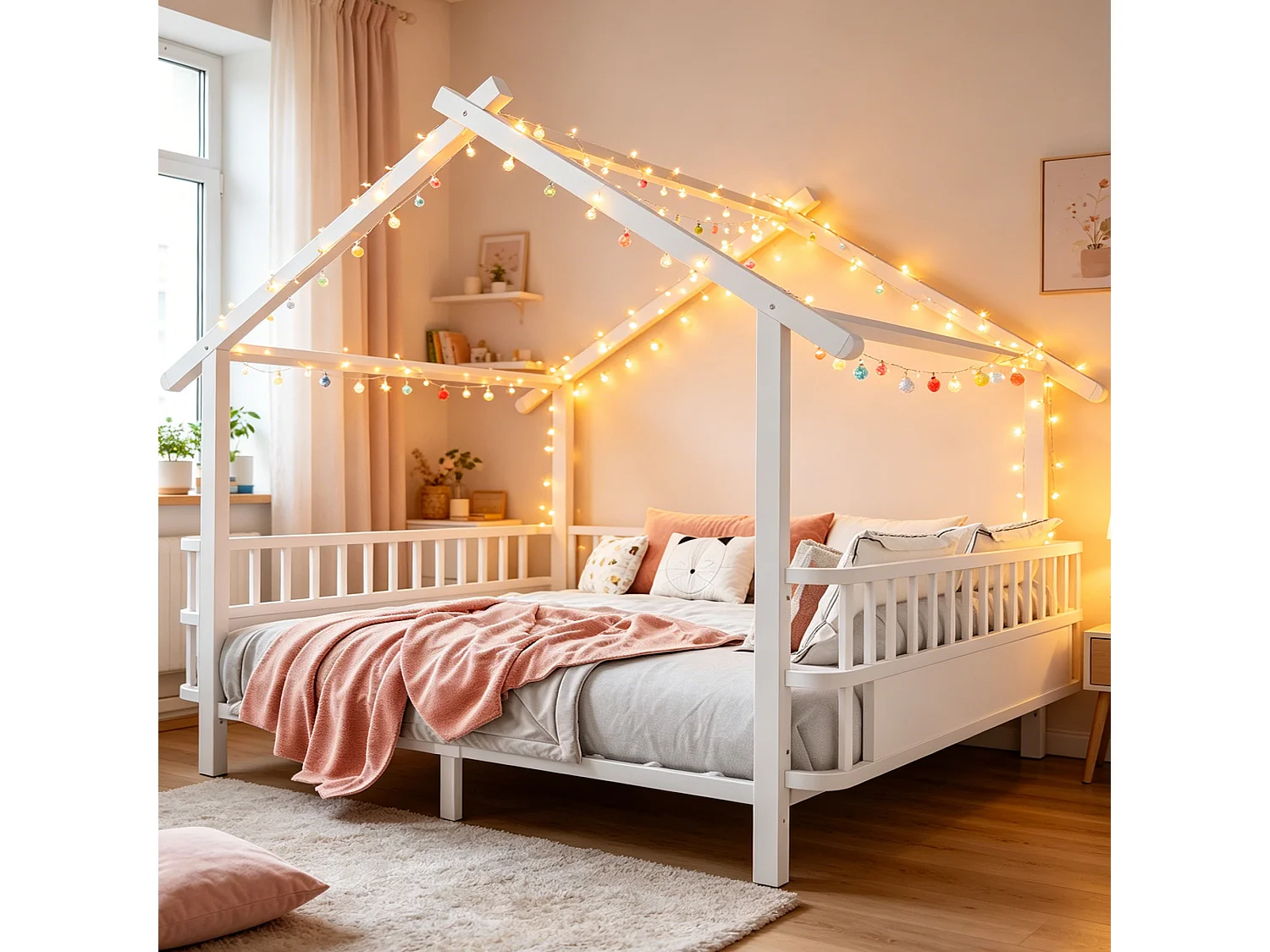 Lit cabane enfant 140 x 200 cm avec barrières de sécurité – Structure métal personnalisable – Blanc (Sans matelas)