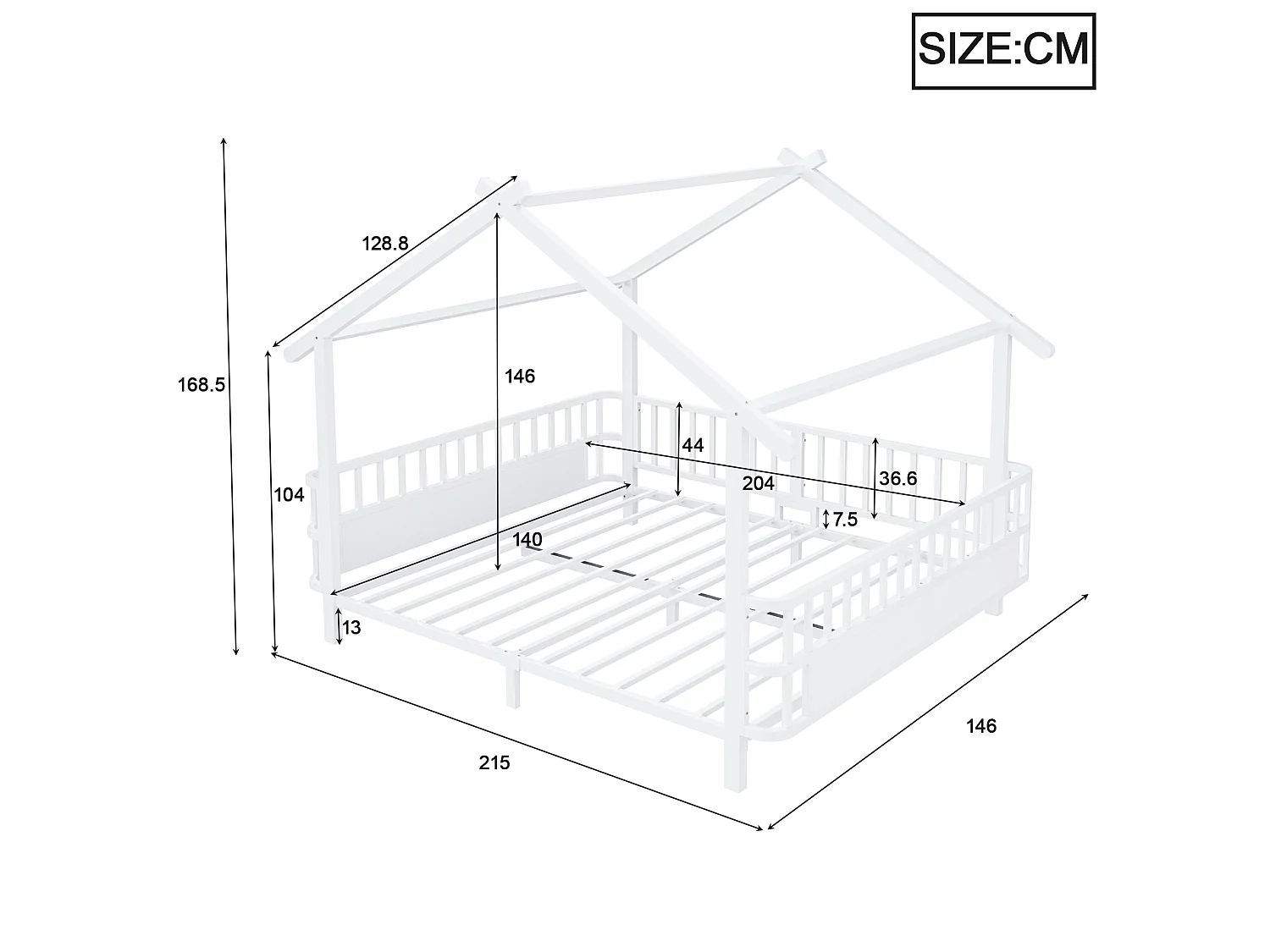 Lit cabane enfant 140 x 200 cm avec barrières de sécurité – Structure métal personnalisable – Blanc (Sans matelas)