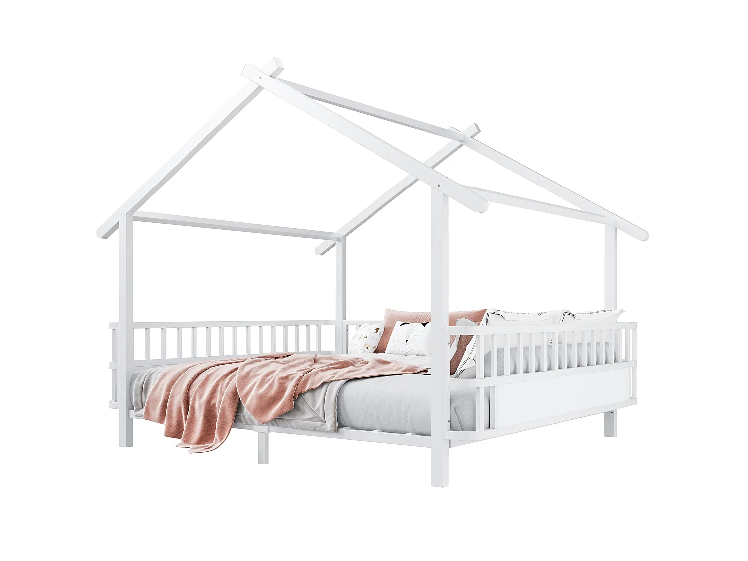 Lit cabane enfant 140 x 200 cm avec barrières de sécurité – Structure métal personnalisable – Blanc (Sans matelas)